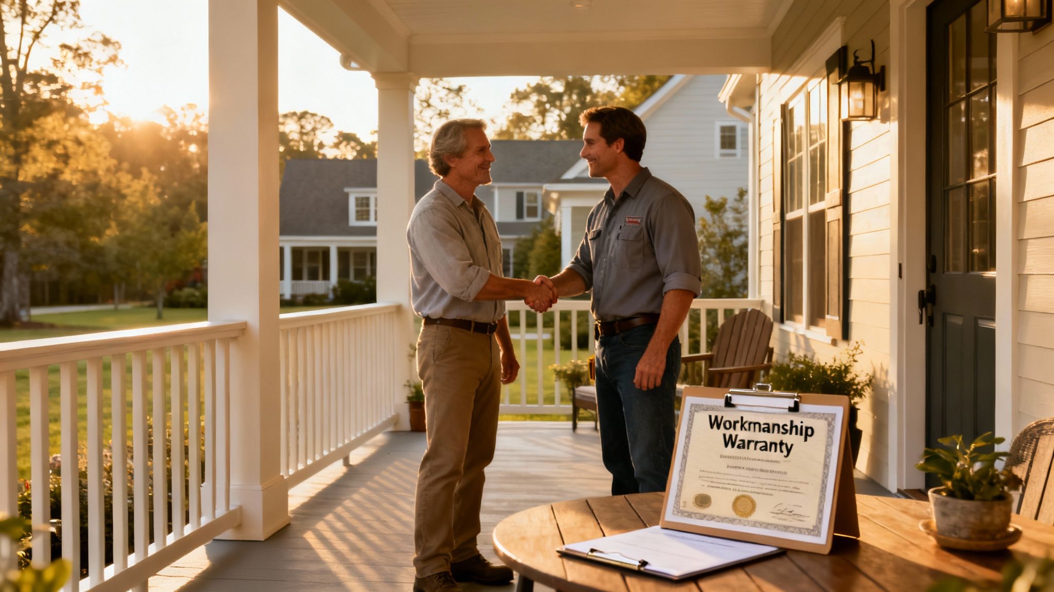 Two men shaking hands on a home porch with a 'Workmanship Warranty' document on a table.