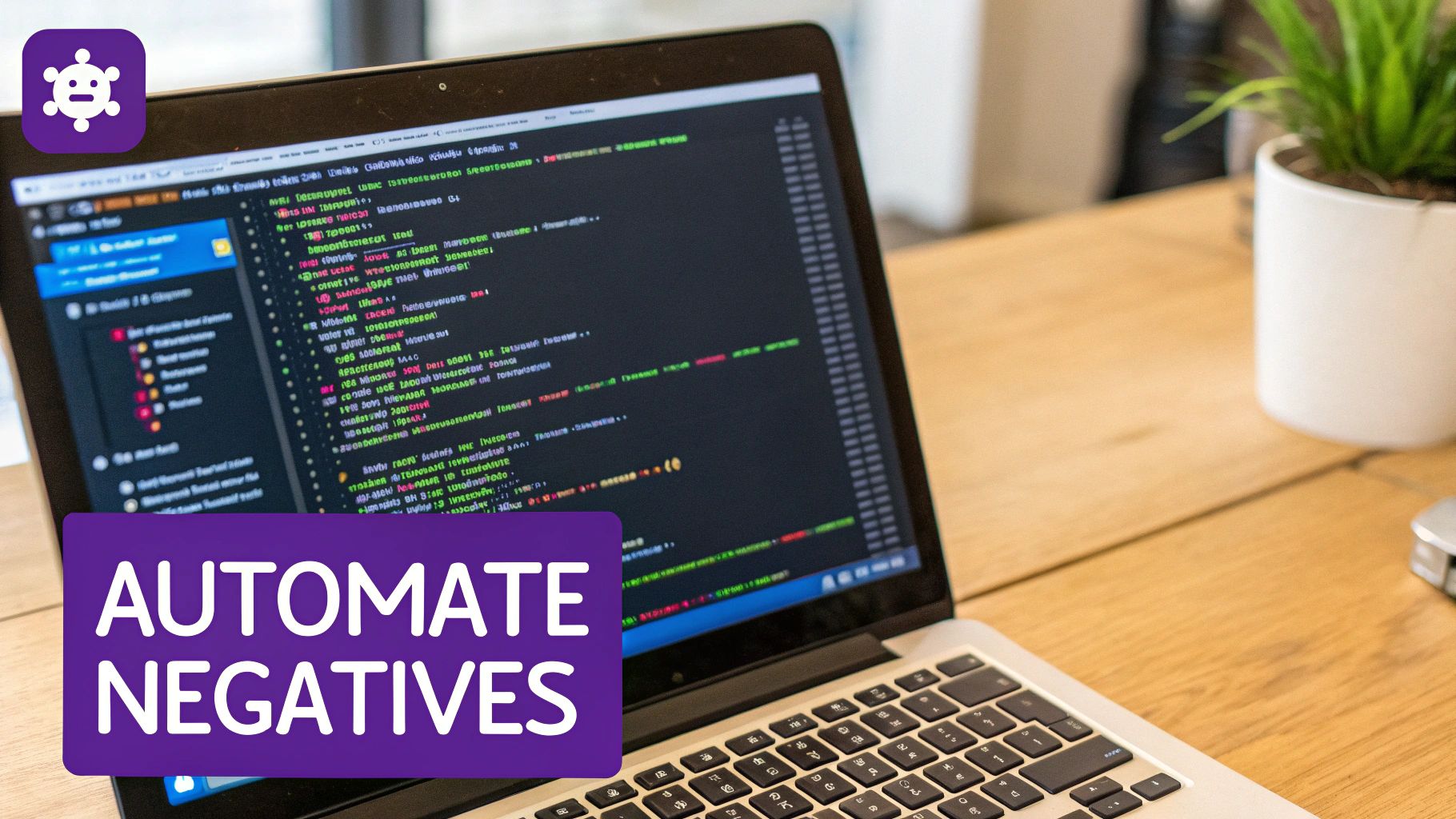 A laptop displaying code on a desk, overlaid with a purple box saying 'AUTOMATE NEGATIVES'.