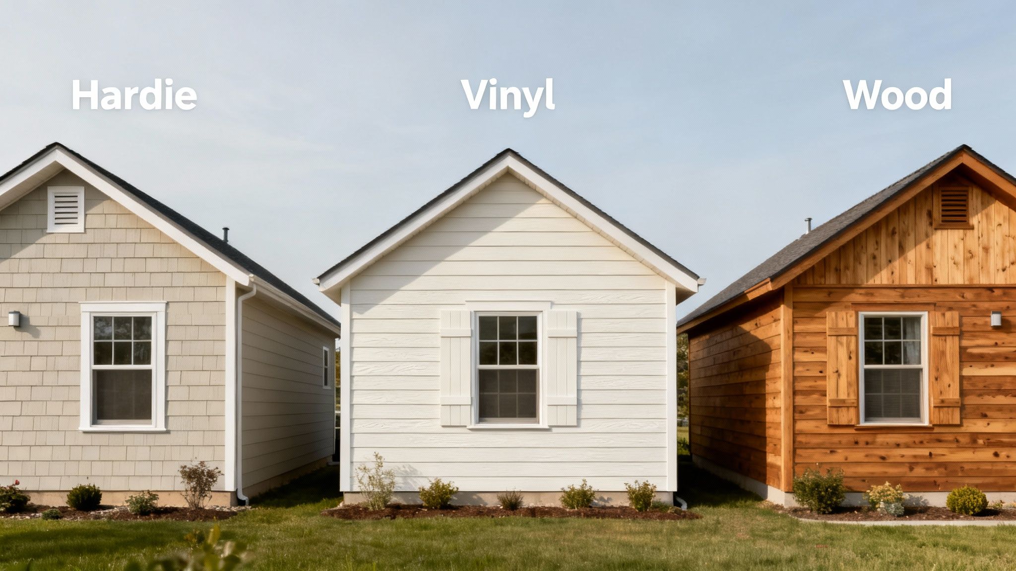 Comparing Hardie, Vinyl, and Wood siding on three miniature display houses.