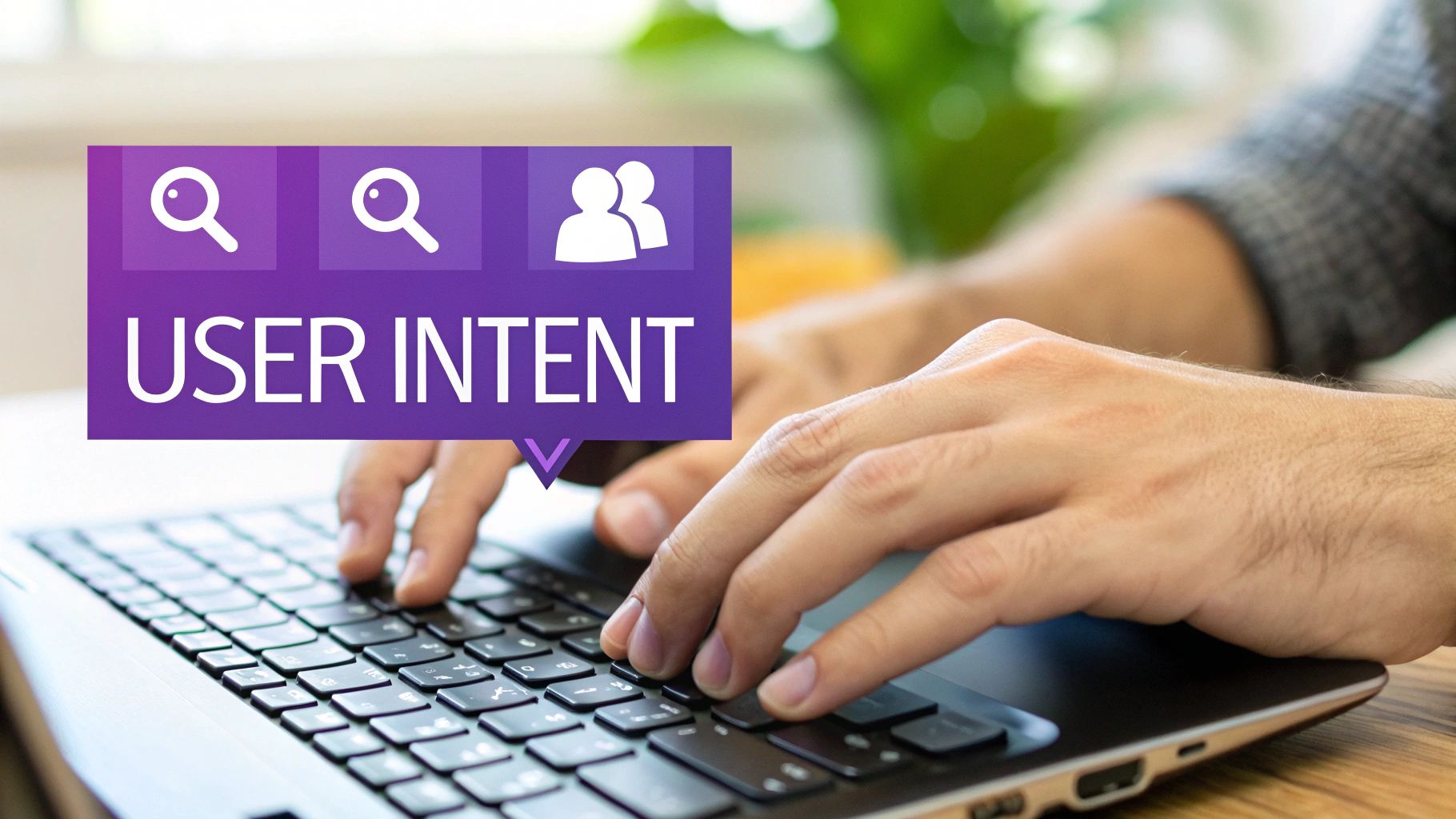 User intent concept with search icons and hands typing on laptop keyboard for digital marketing