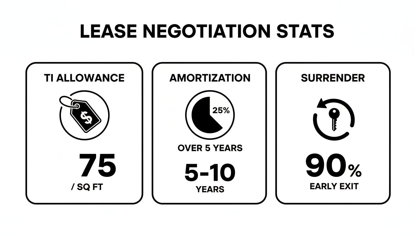 Lease negotiation stats showing tenant improvement allowance, amortization, and surrender terms.
