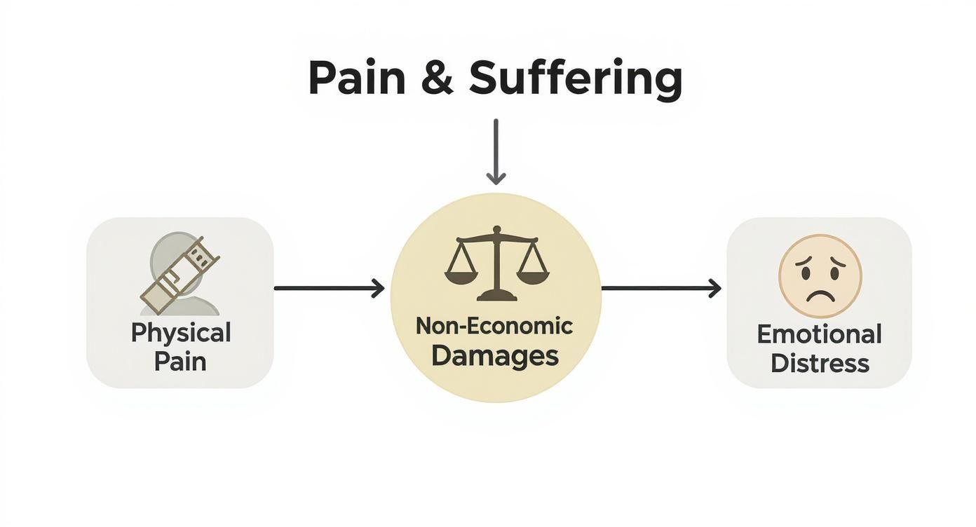 Diagram showing pain and suffering flowing from physical pain and emotional distress to non-economic damages