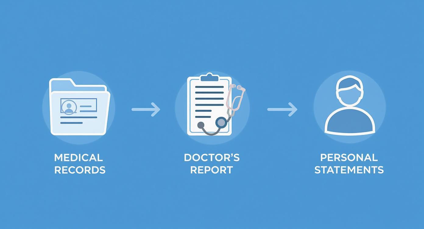 A diagram illustrating the flow from medical records to doctor's report to personal statements.