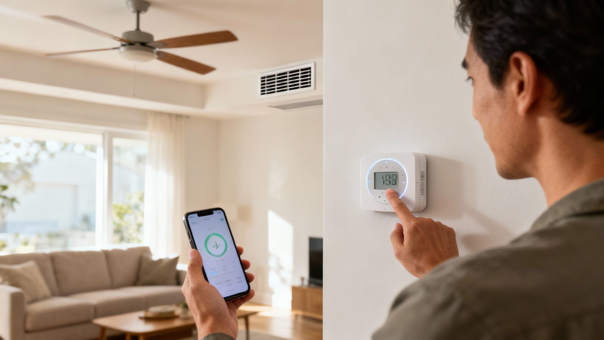 A person adjusts a smart thermostat on a wall while another uses a smartphone app for climate control.