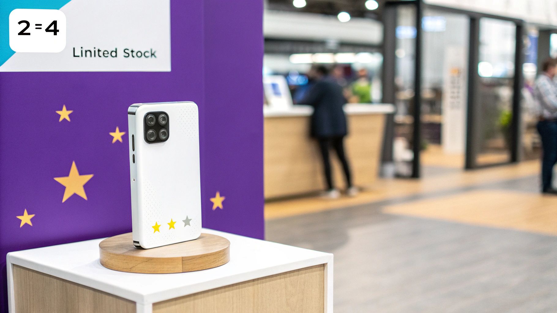 White smartphone with quad camera and star rating on a display stand in a retail setting.