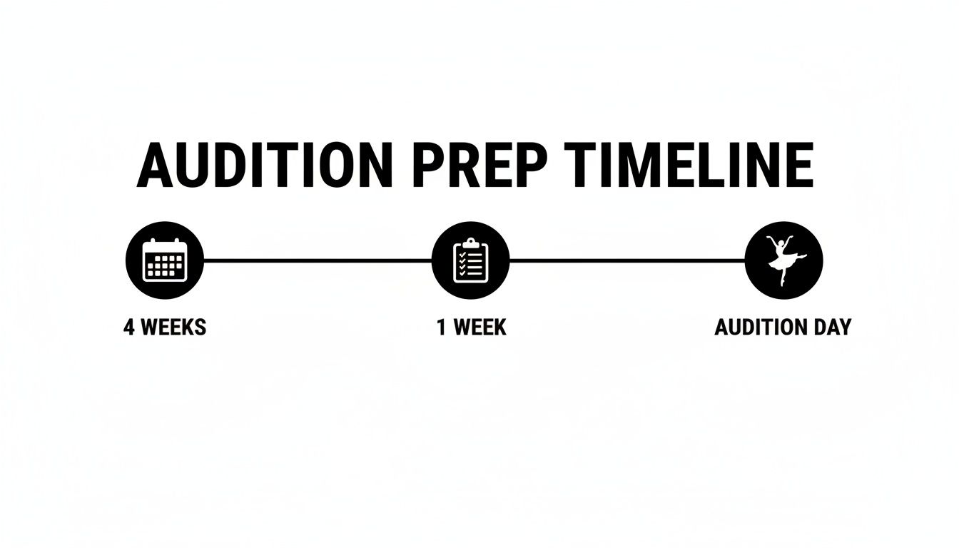 A simple timeline graphic outlining key stages for audition preparation: 4 weeks out, 1 week out, and audition day.