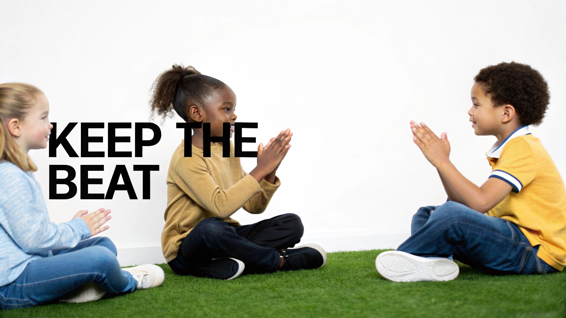 Three happy children playing a clapping game on green artificial grass, with text "KEEP THE BEAT".