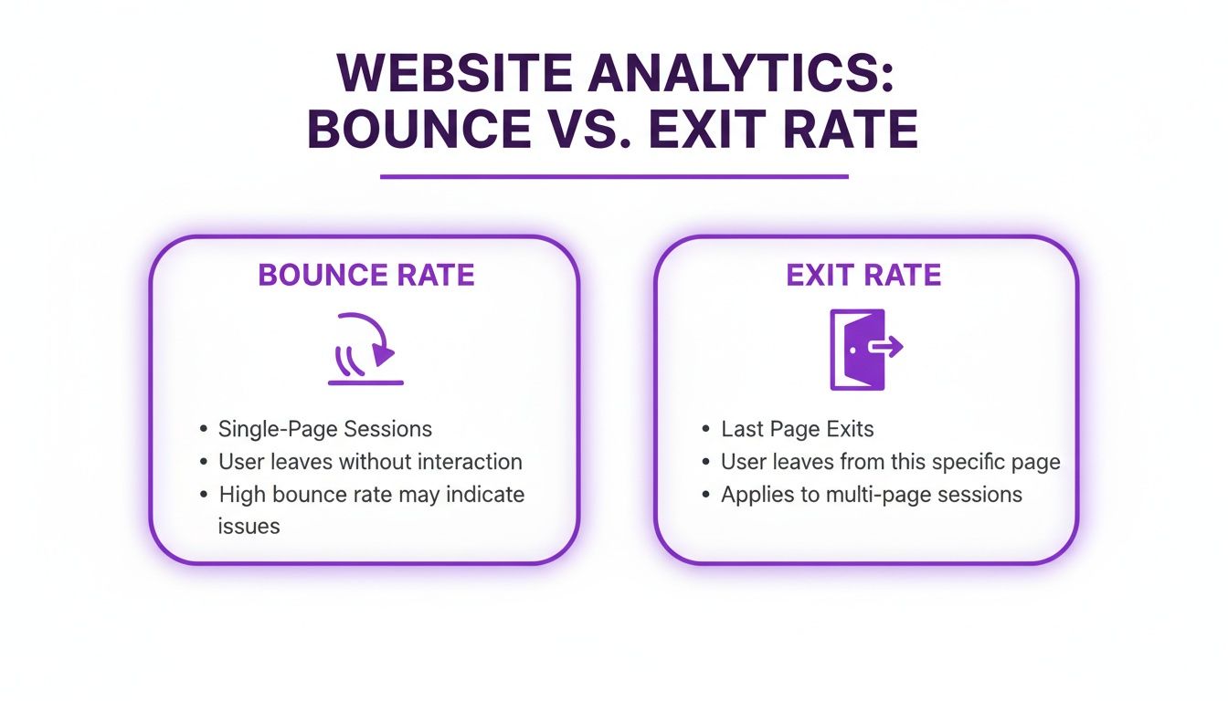 A chart comparing website bounce rate and exit rate analytics, explaining their definitions.