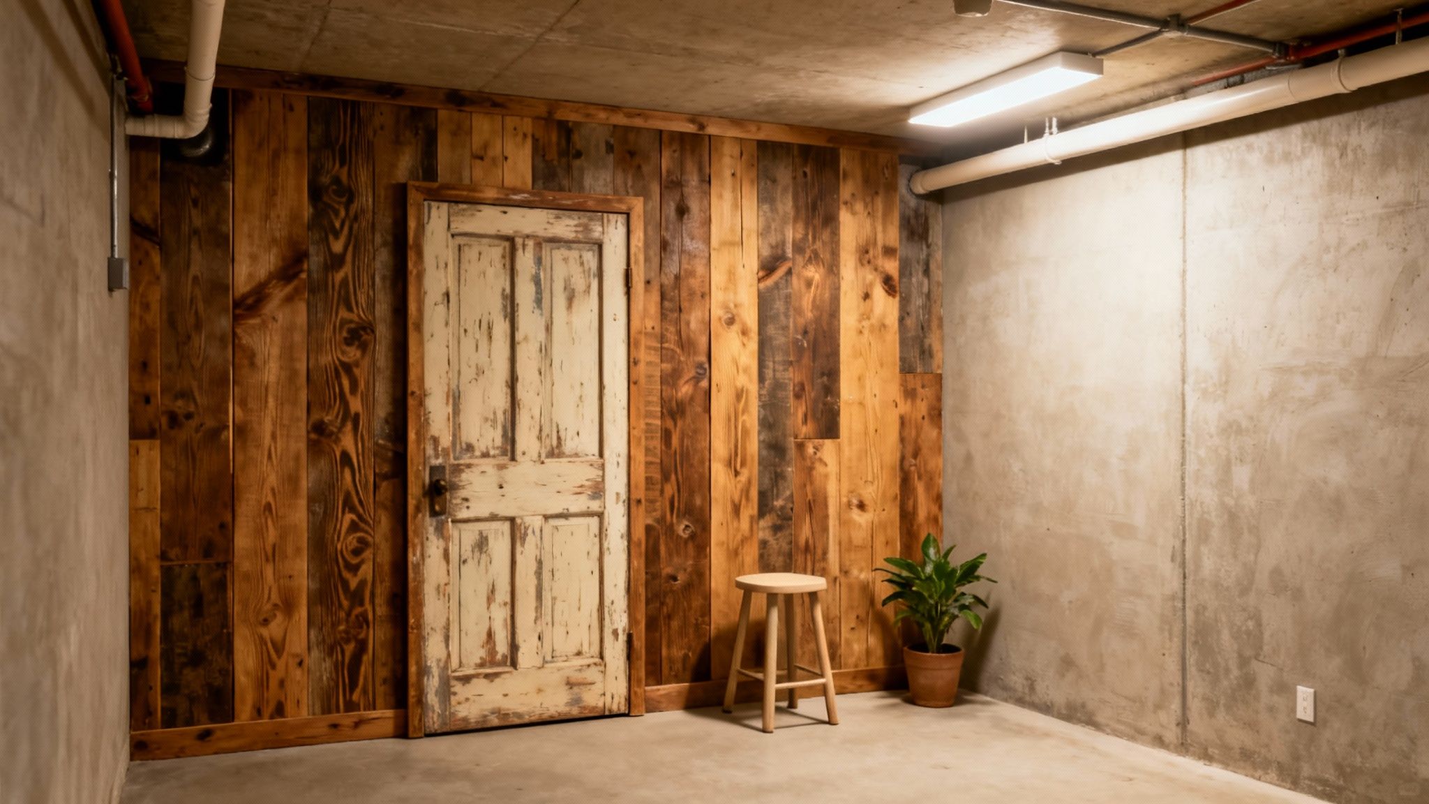 A rustic basement room with a reclaimed wood accent wall, an old door, and concrete walls.