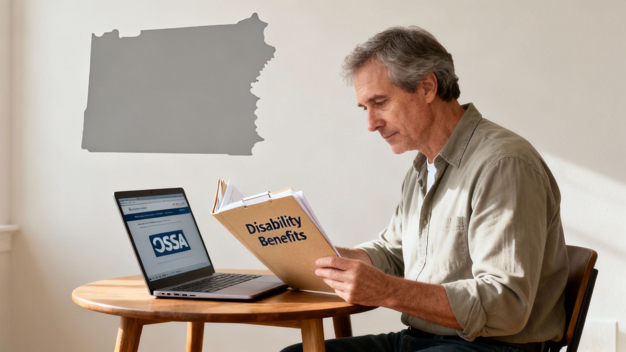 Senior man applying for disability benefits, reviewing documents with a laptop and Oregon map.