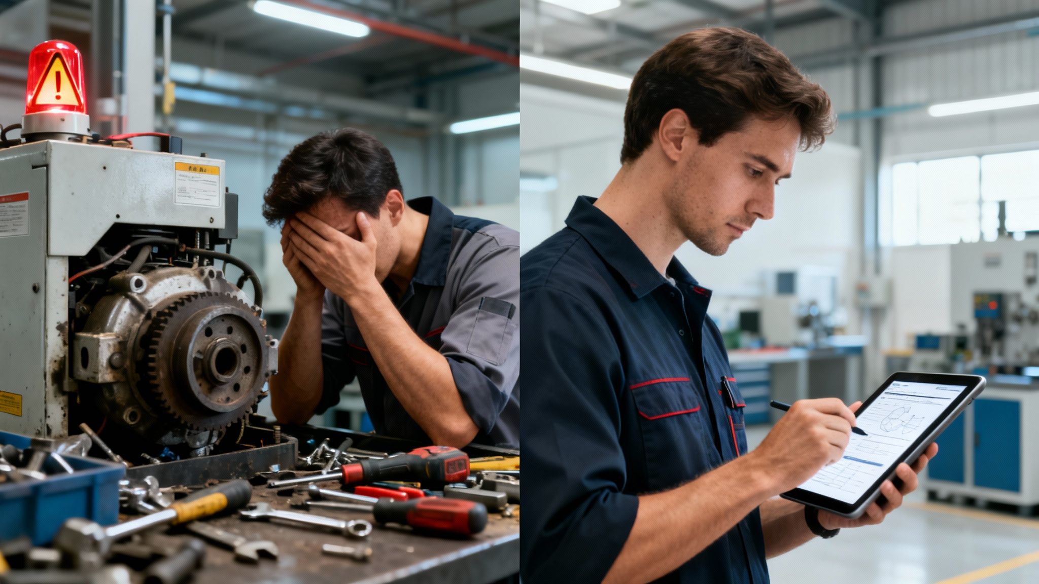 A distressed mechanic with a broken machine and a warning light, contrasted with an efficient technician using a tablet.