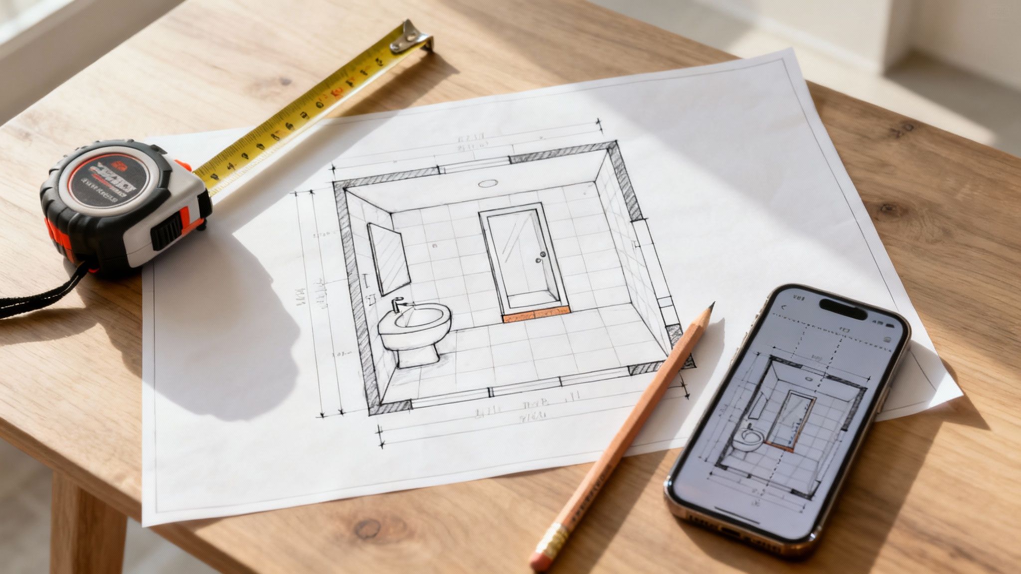 A hand-drawn bathroom blueprint on a desk with a measuring tape, pencil, and a smartphone displaying the design.