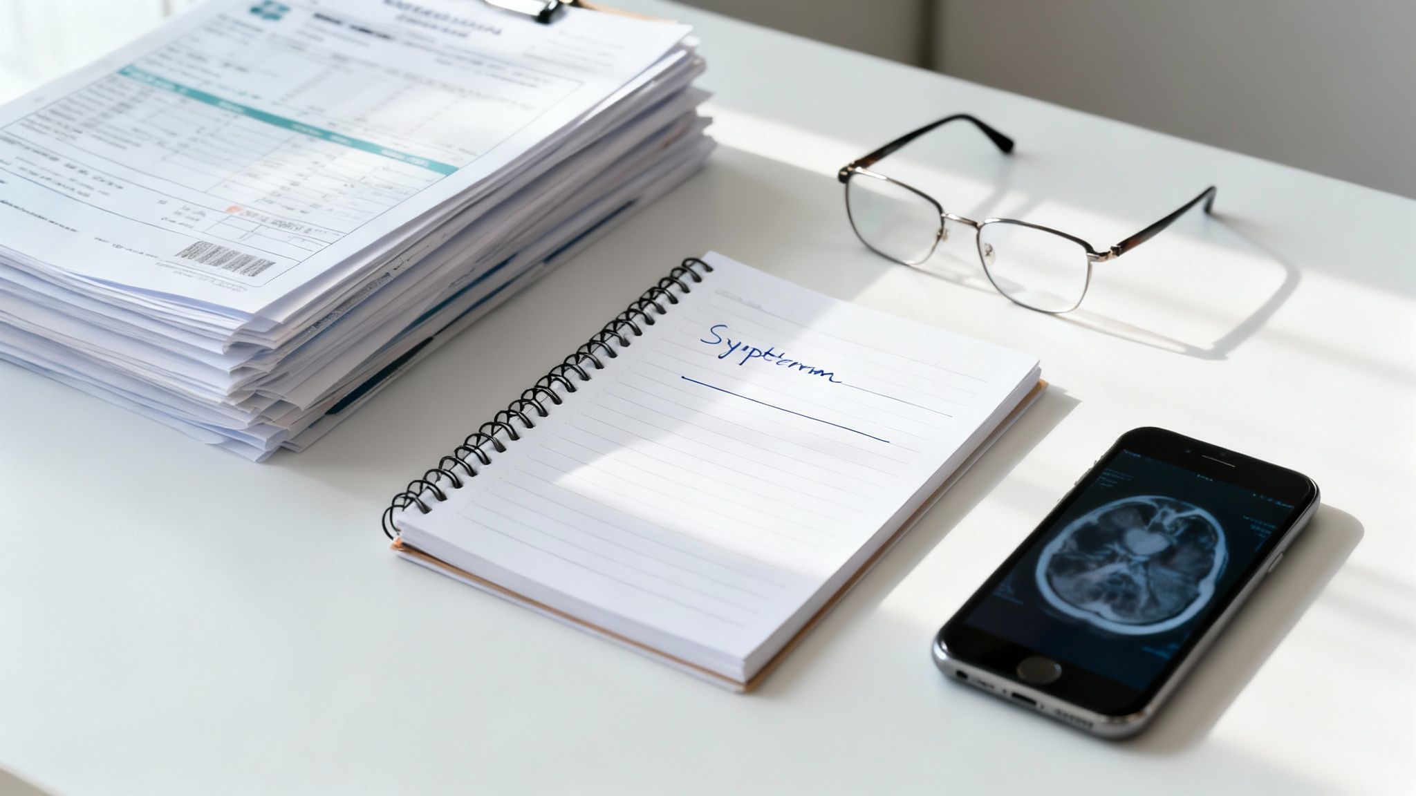 A desk with a stack of medical papers, a notebook, glasses, and a smartphone displaying a brain scan.