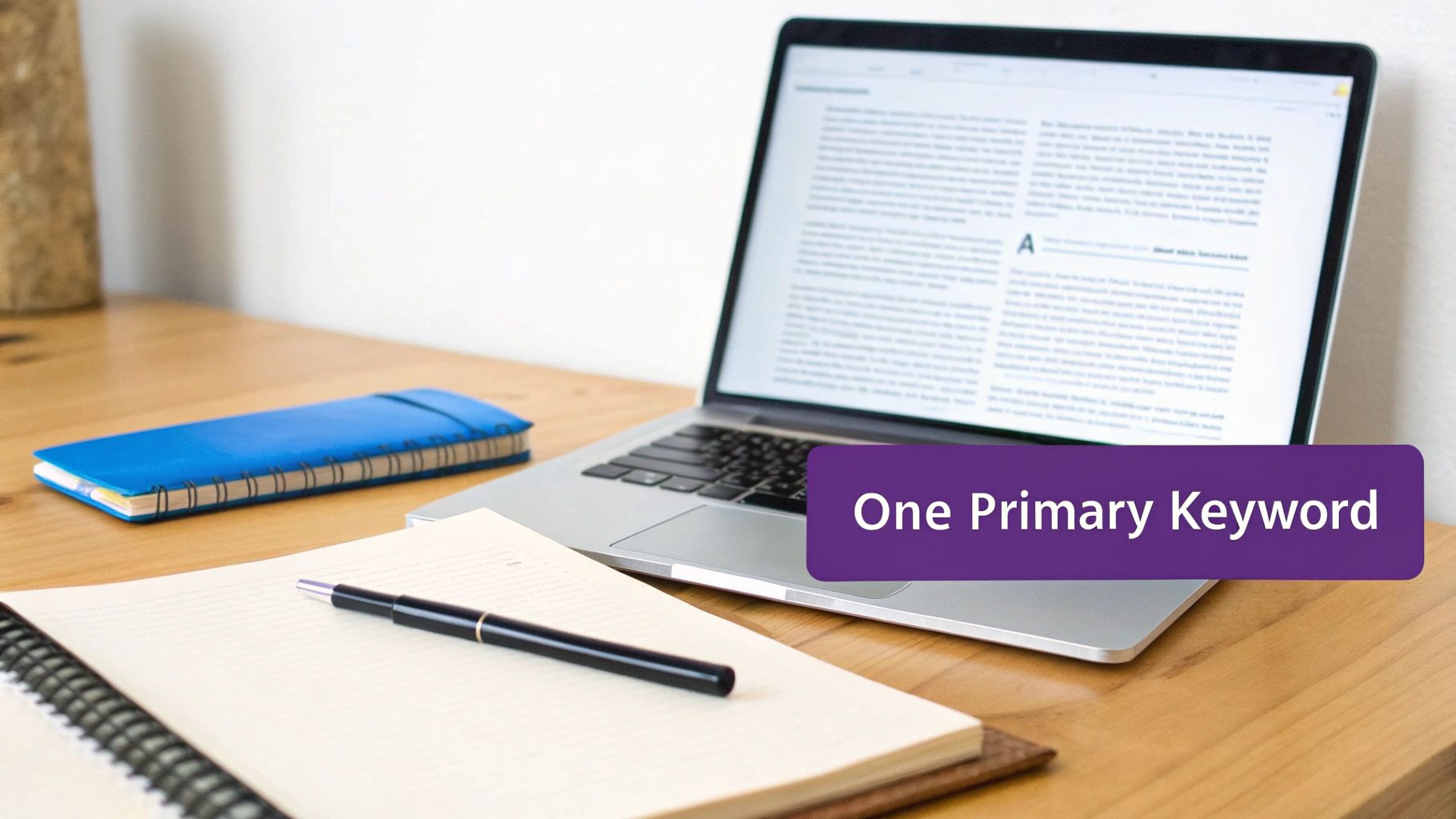 A minimalist workspace with a laptop displaying text, an open notebook, and a pen on a wooden desk.