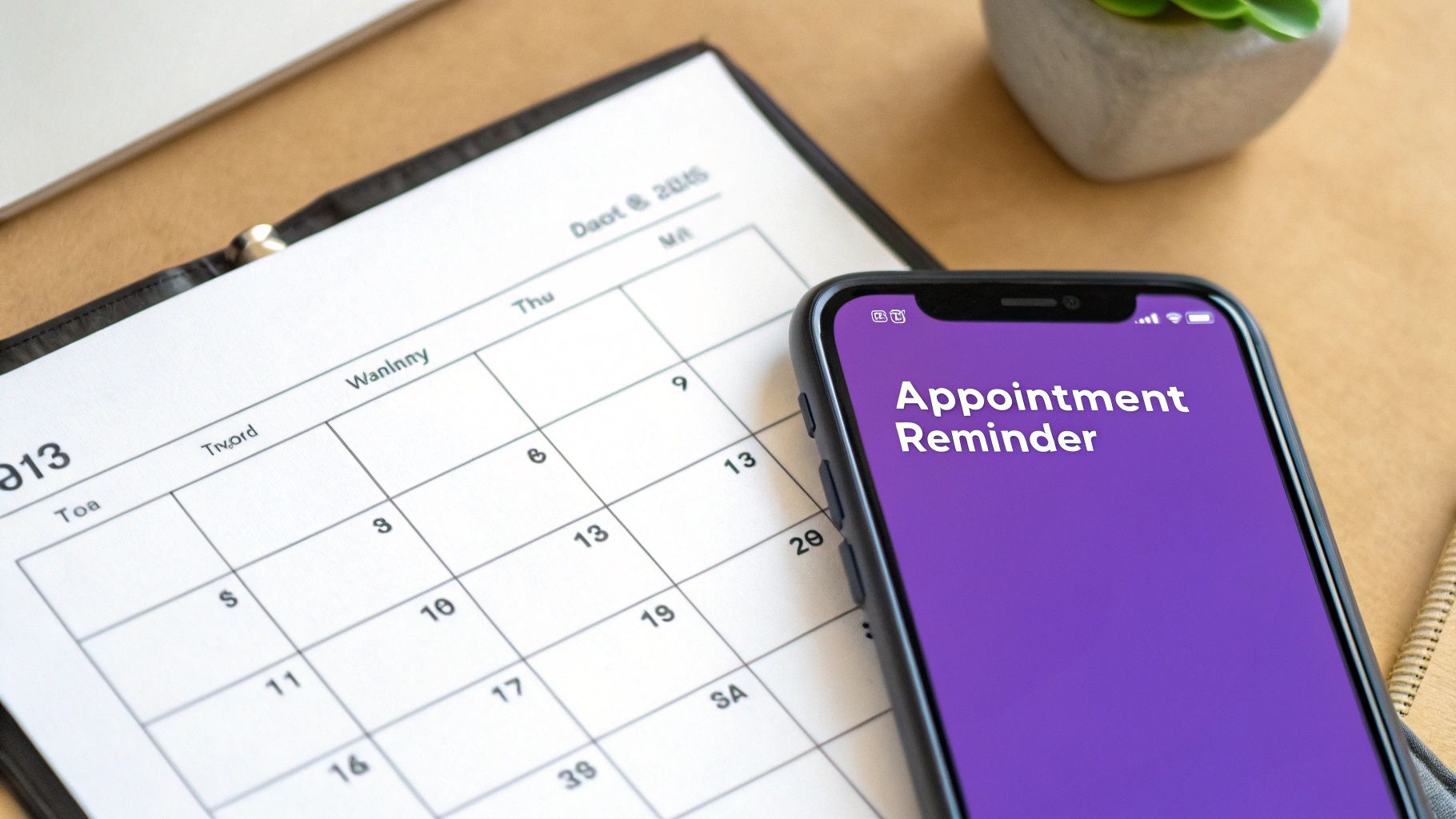 A smartphone displaying an 'Appointment Reminder' on a purple screen, next to a paper calendar.