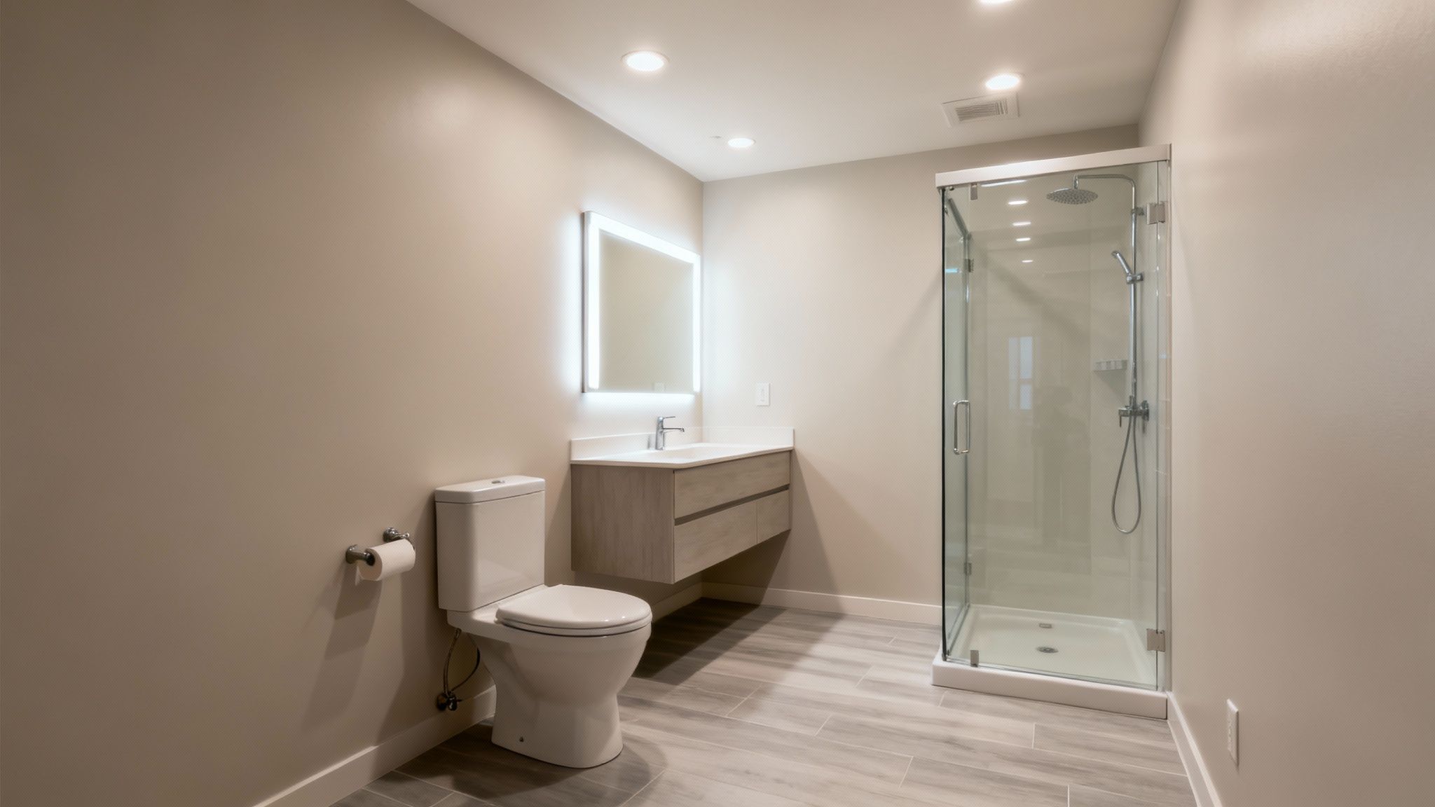 Modern basement bathroom with smart fixtures and finishes