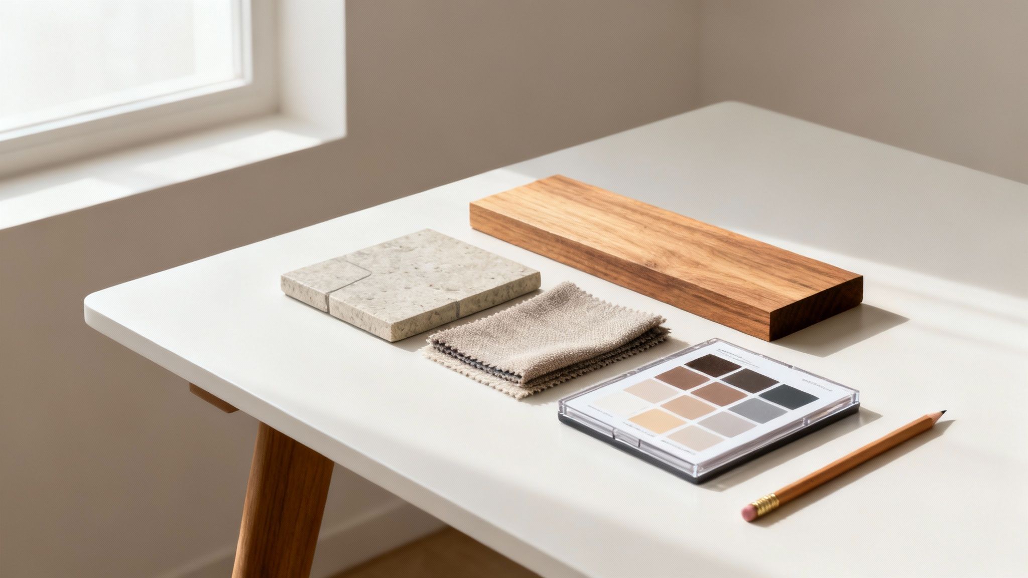 A person looking at various material samples like wood, tile, and fabric swatches arranged on a table.