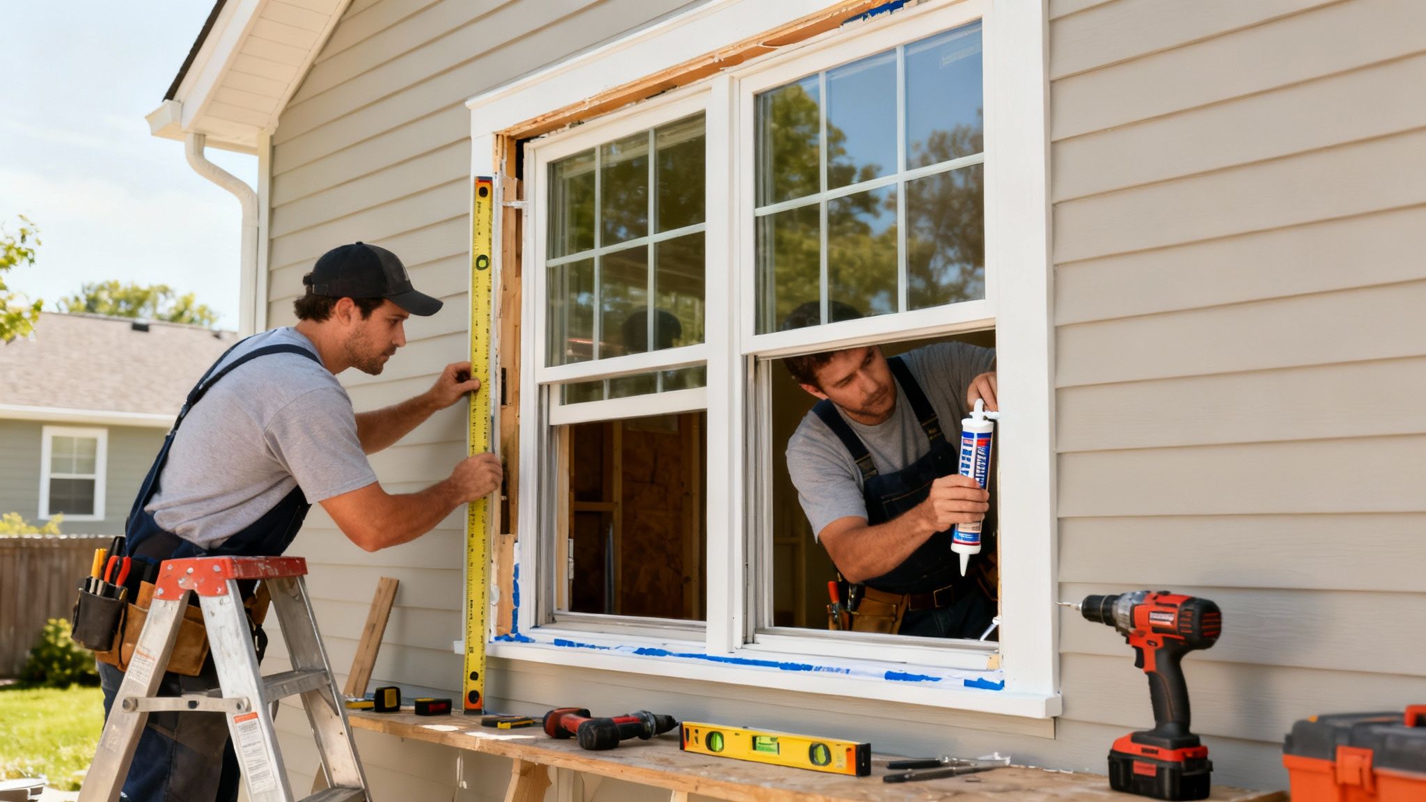 Two skilled workers installing a new window on a house, one measuring, the other caulking the frame.