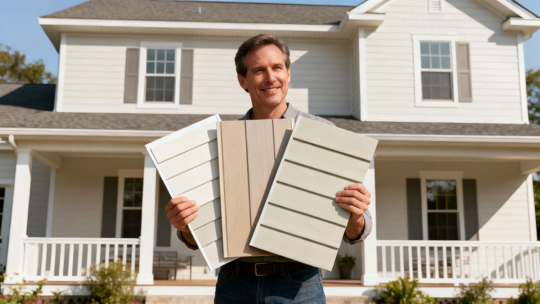 Smiling man holds various vinyl siding samples in front of a new house, choosing colors.