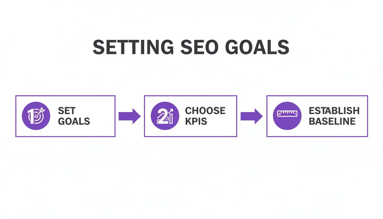 Flowchart illustrating three steps for setting SEO goals: Set Goals, Choose KPIs, Establish Baseline.