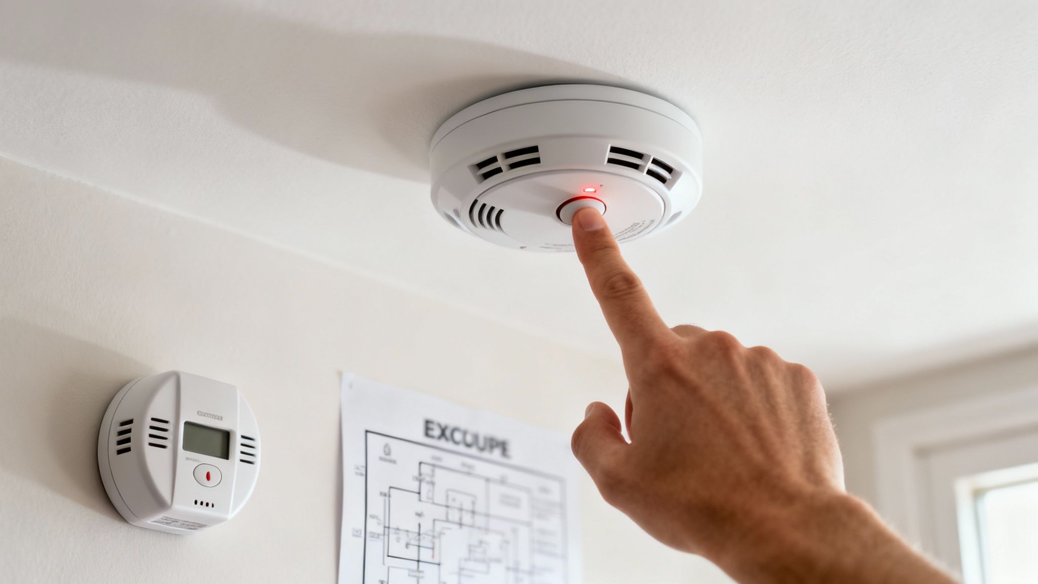 A finger presses the test button on a white smoke detector mounted on a ceiling.