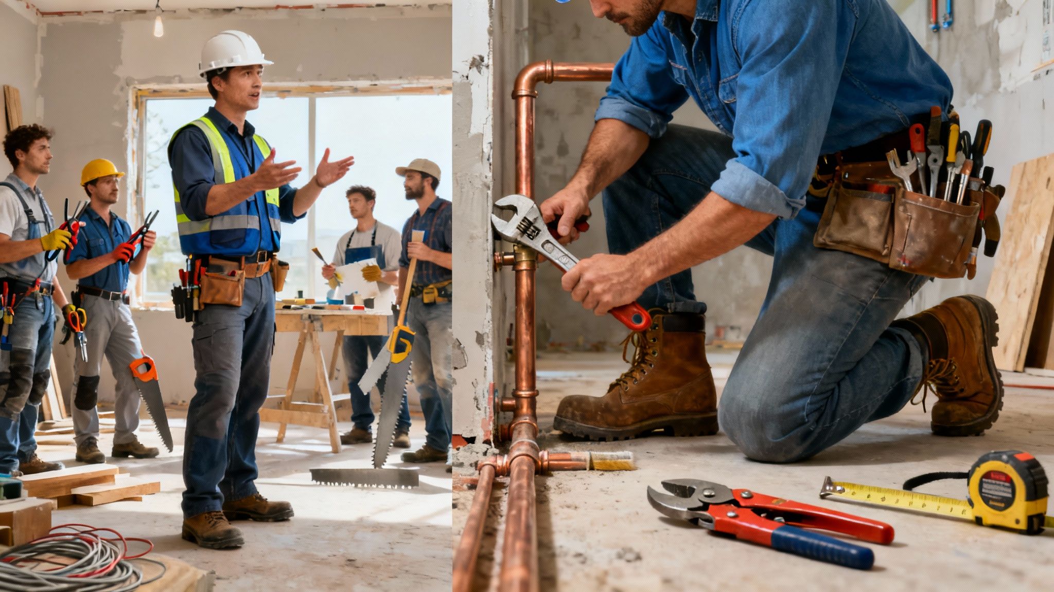 General contractor and subcontractor reviewing project plans on a construction site.