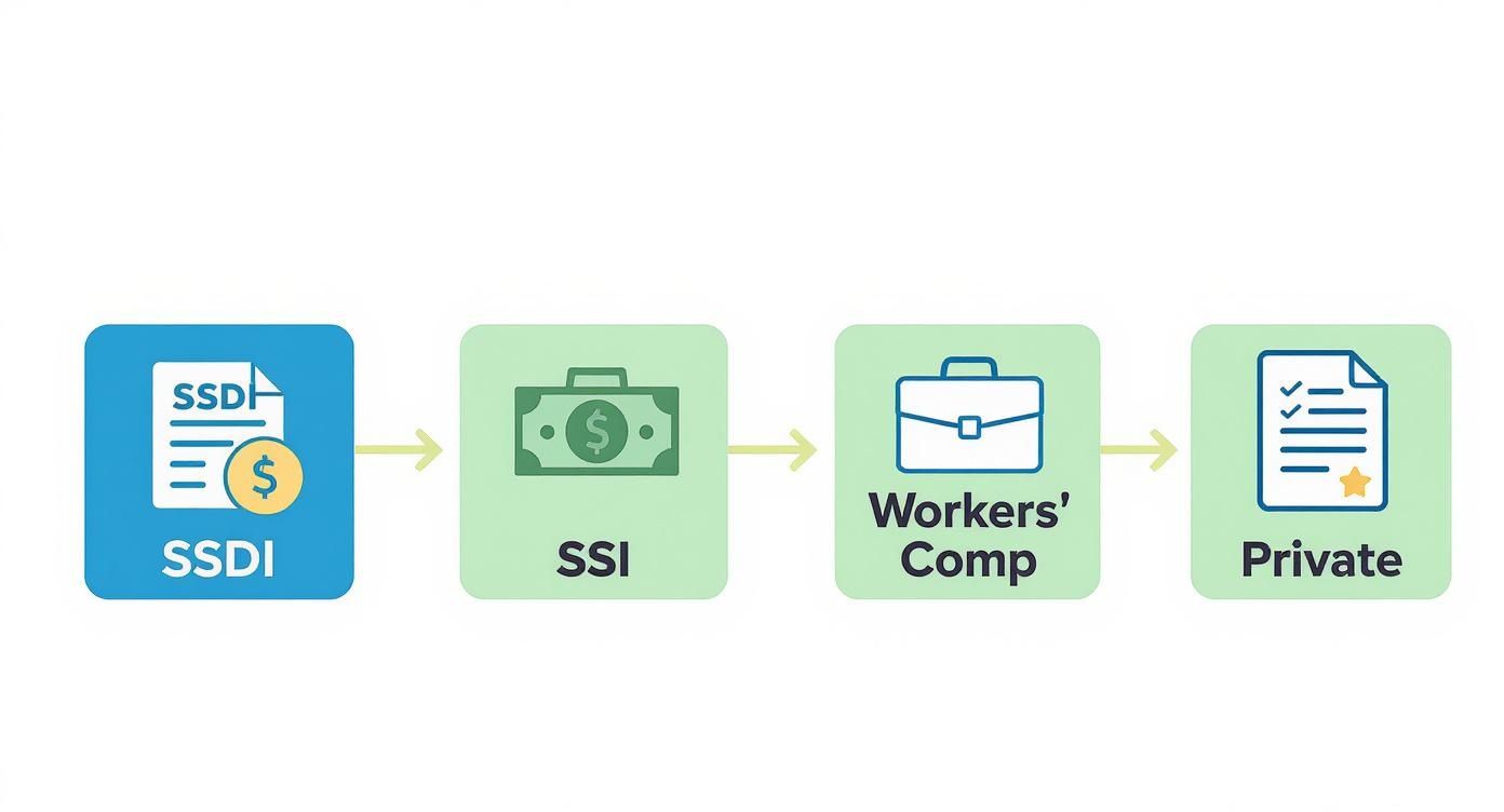 Four icons representing a sequence of disability benefits: SSDI, SSI, Workers' Comp, and Private options.