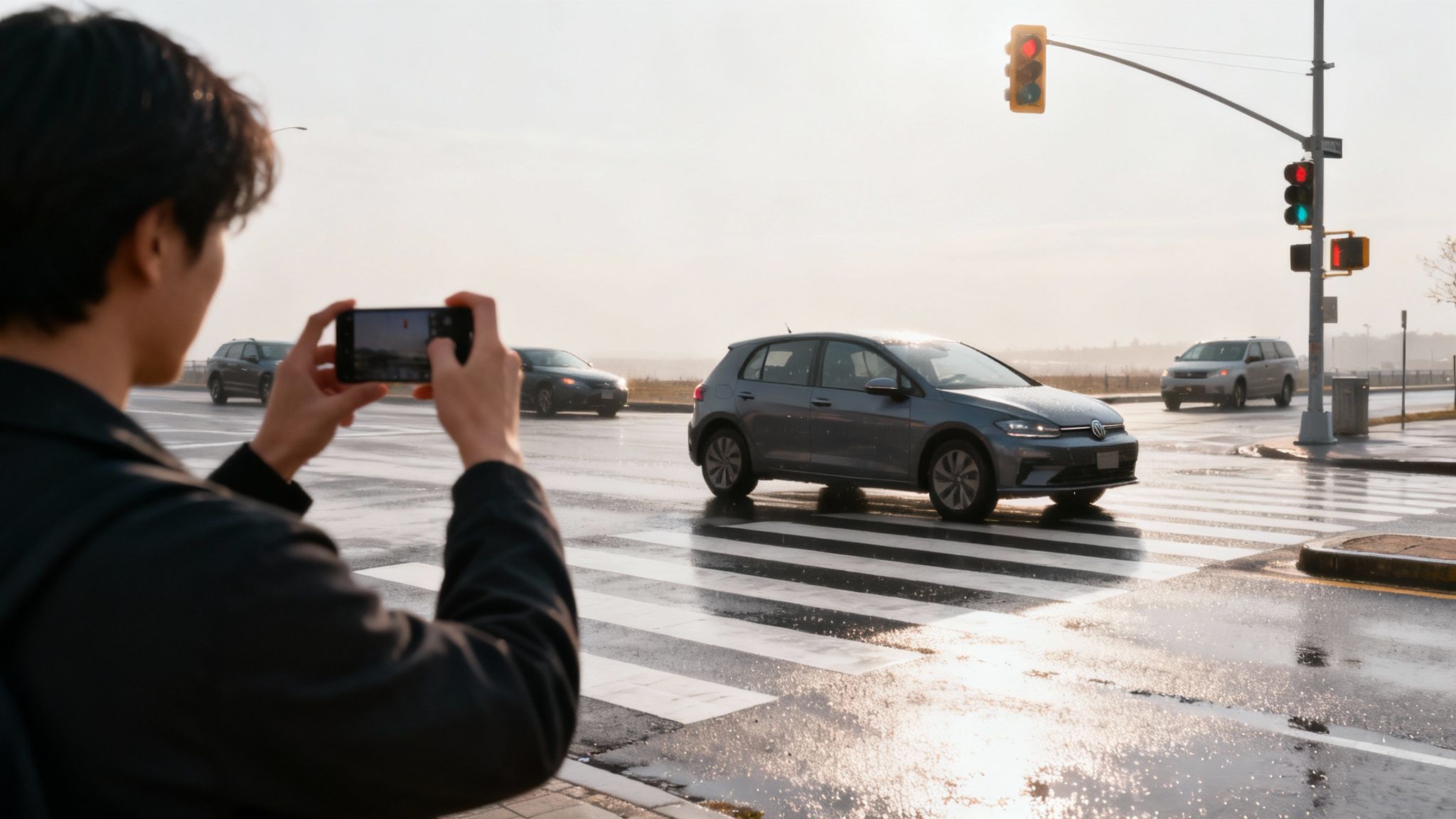 A person with a leg injury sitting on the asphalt after a pedestrian accident, with a car in the background.
