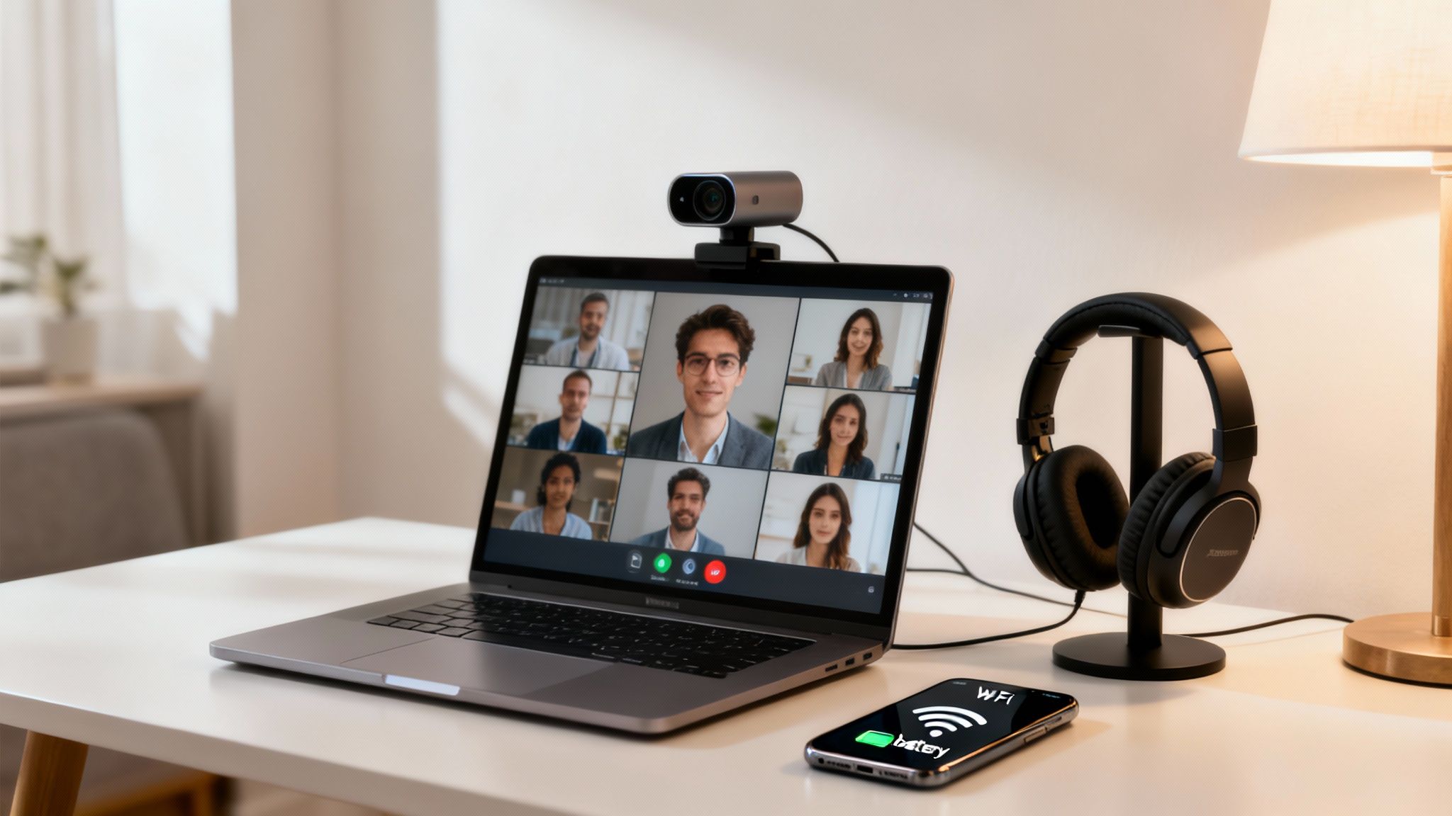 Laptop with webcam shows a video conference, next to headphones and a smartphone on a desk.