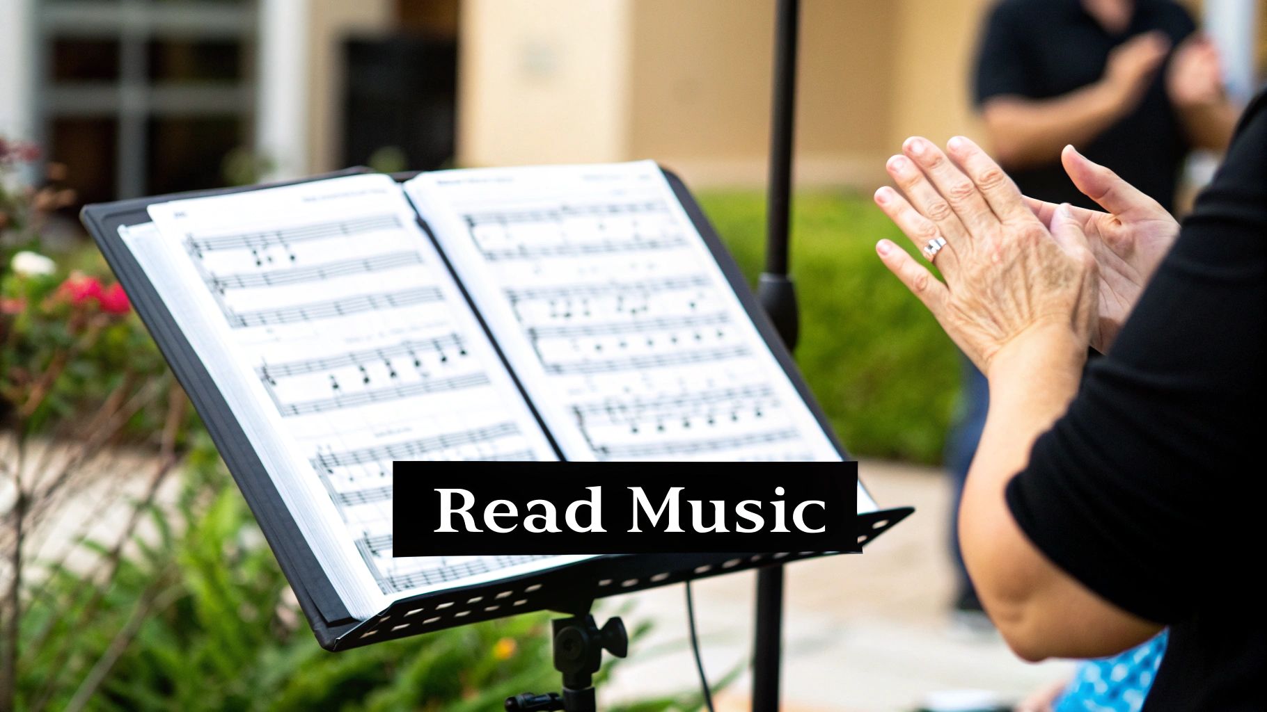 Open sheet music on a black stand, with a person's hands clapping in the foreground.