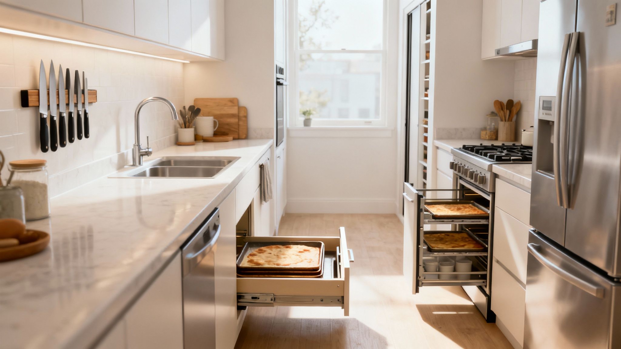 A bright, modern kitchen with pizzas baking in open pull-out oven drawers and a countertop.