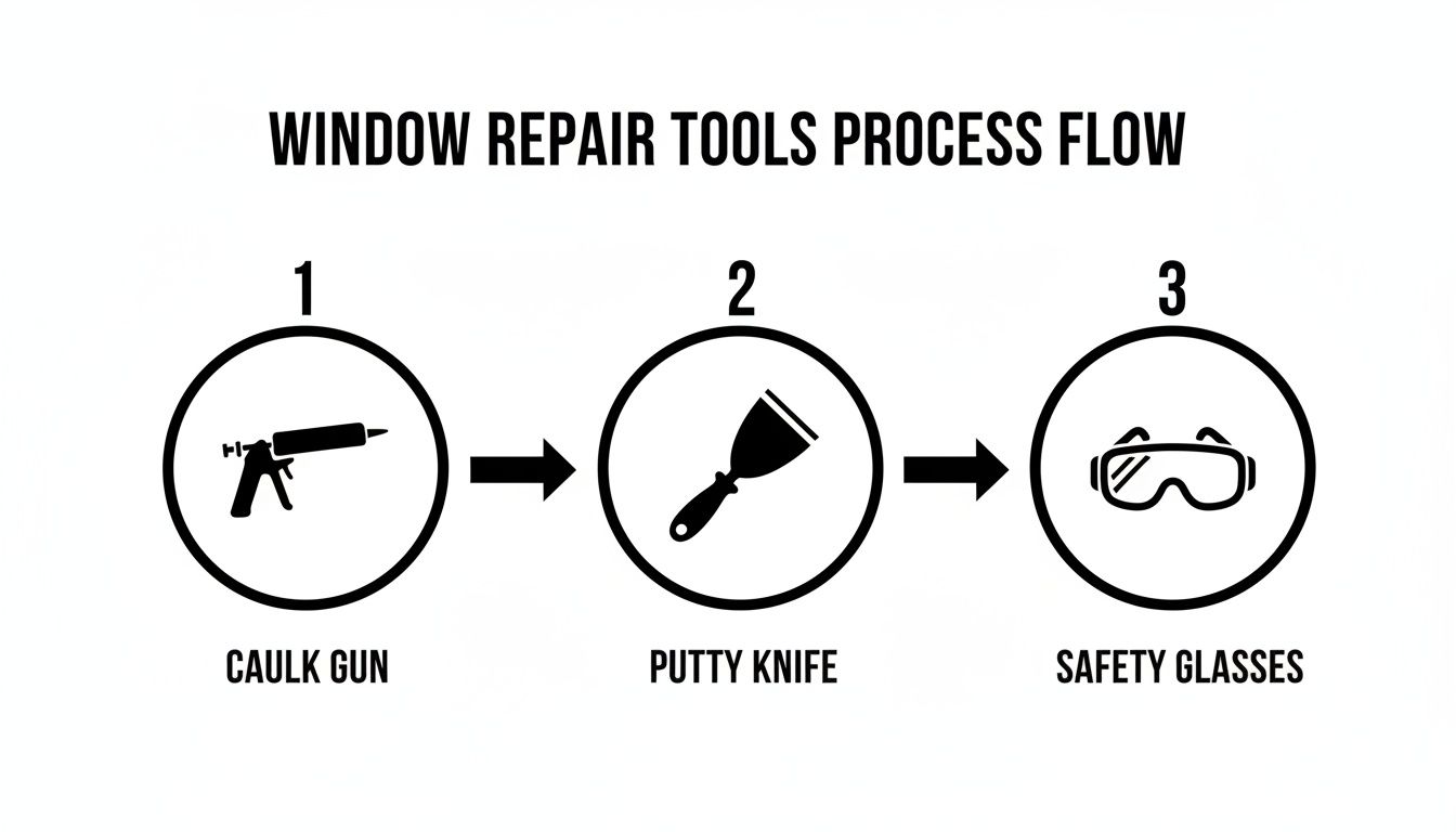 Flowchart illustrating the window repair tools process: caulk gun, putty knife, and safety glasses.