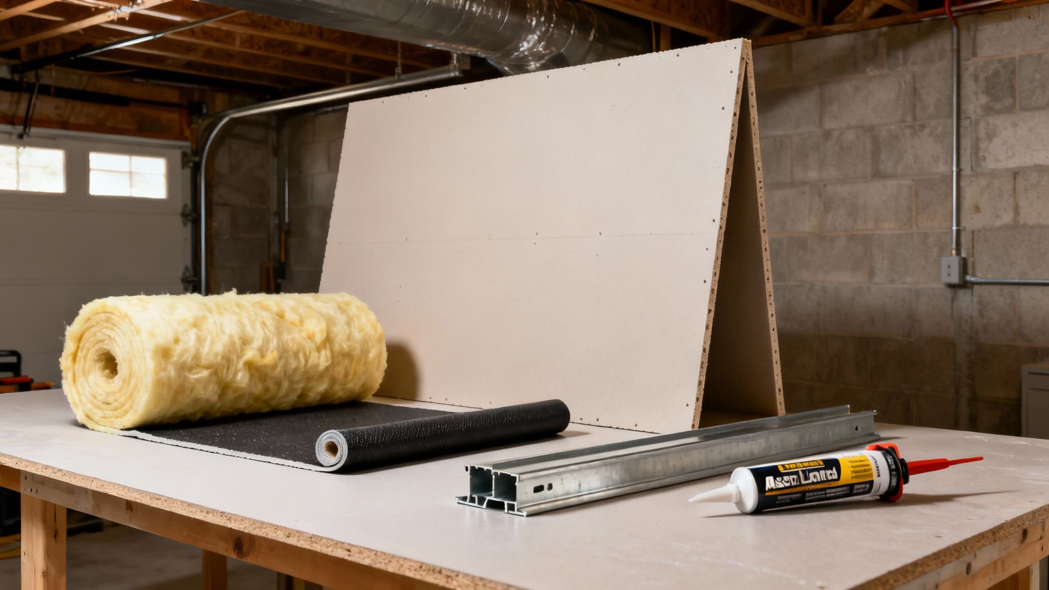 Soundproofing materials like insulation, drywall, metal studs, and sealant on a workbench in a basement.