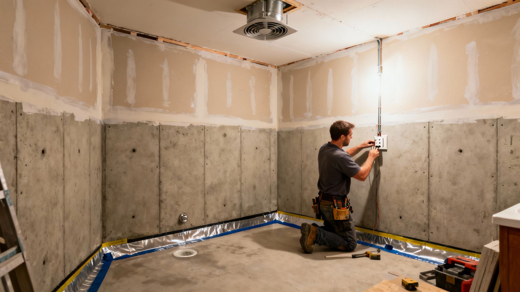 Man installing electrical wiring and outlets in a basement undergoing renovation, with concrete walls.
