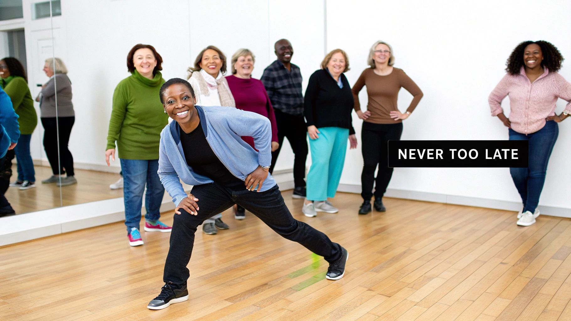 Diverse group of smiling adults participating in an energetic dance fitness class together