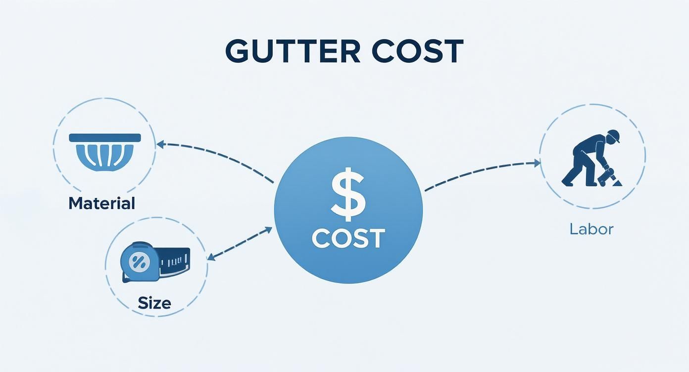 An infographic detailing gutter cost factors, including material, size, and labor, contributing to the total price.