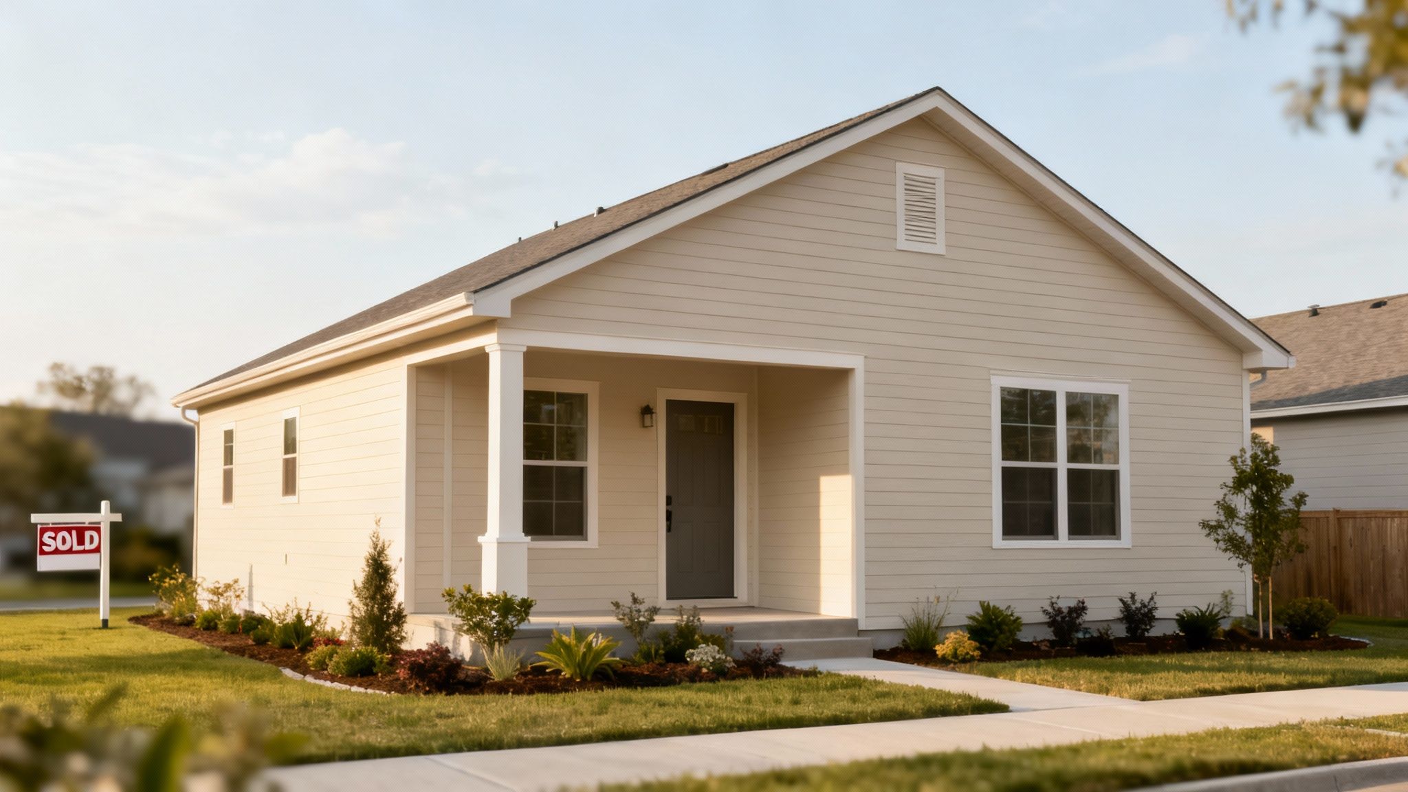 A new, light-colored house with a 'SOLD' sign in the front yard, featuring horizontal siding and landscaping.
