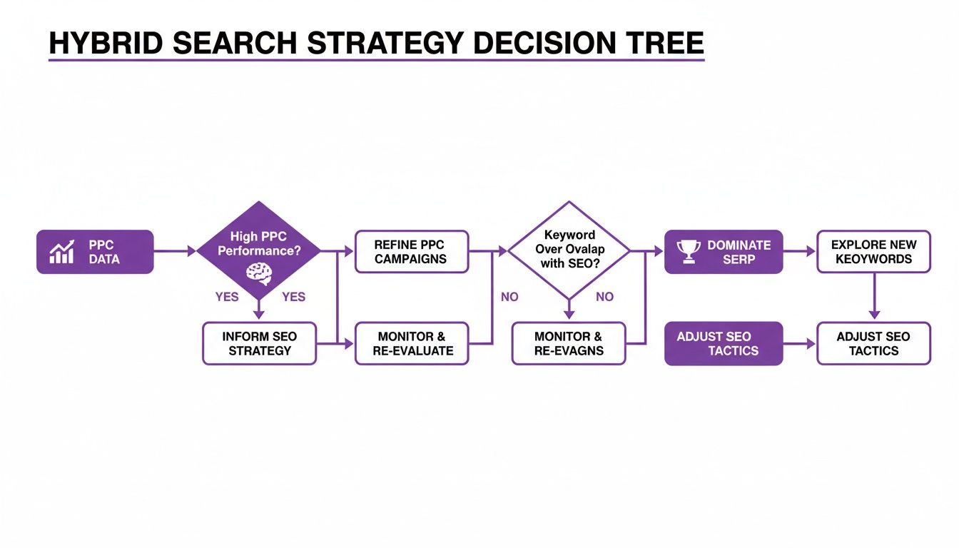 A flowchart illustrating a hybrid search strategy decision tree, integrating PPC and SEO decisions.