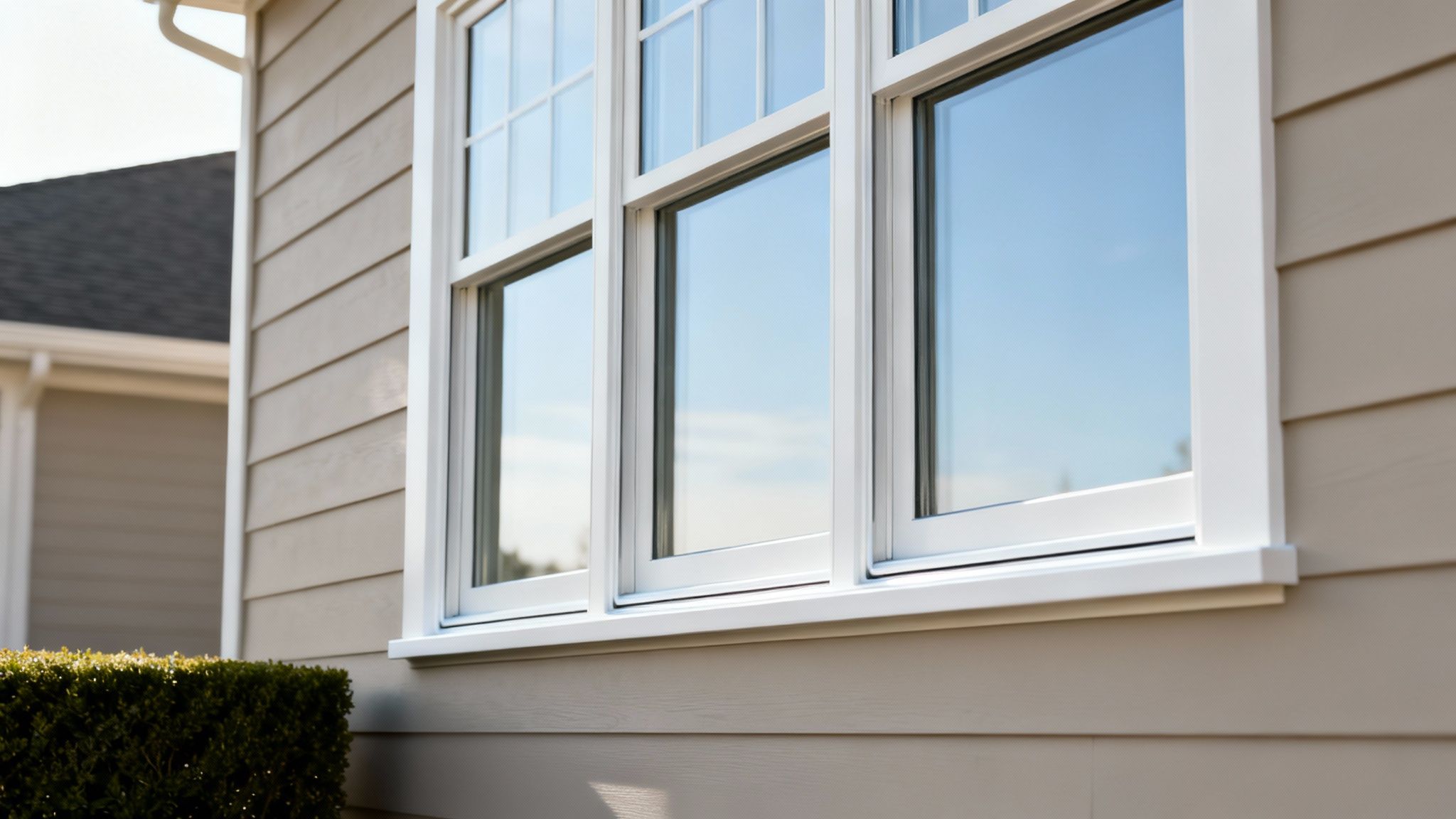 Modern house exterior featuring tan siding, white trim, and multiple windows reflecting a clear blue sky.