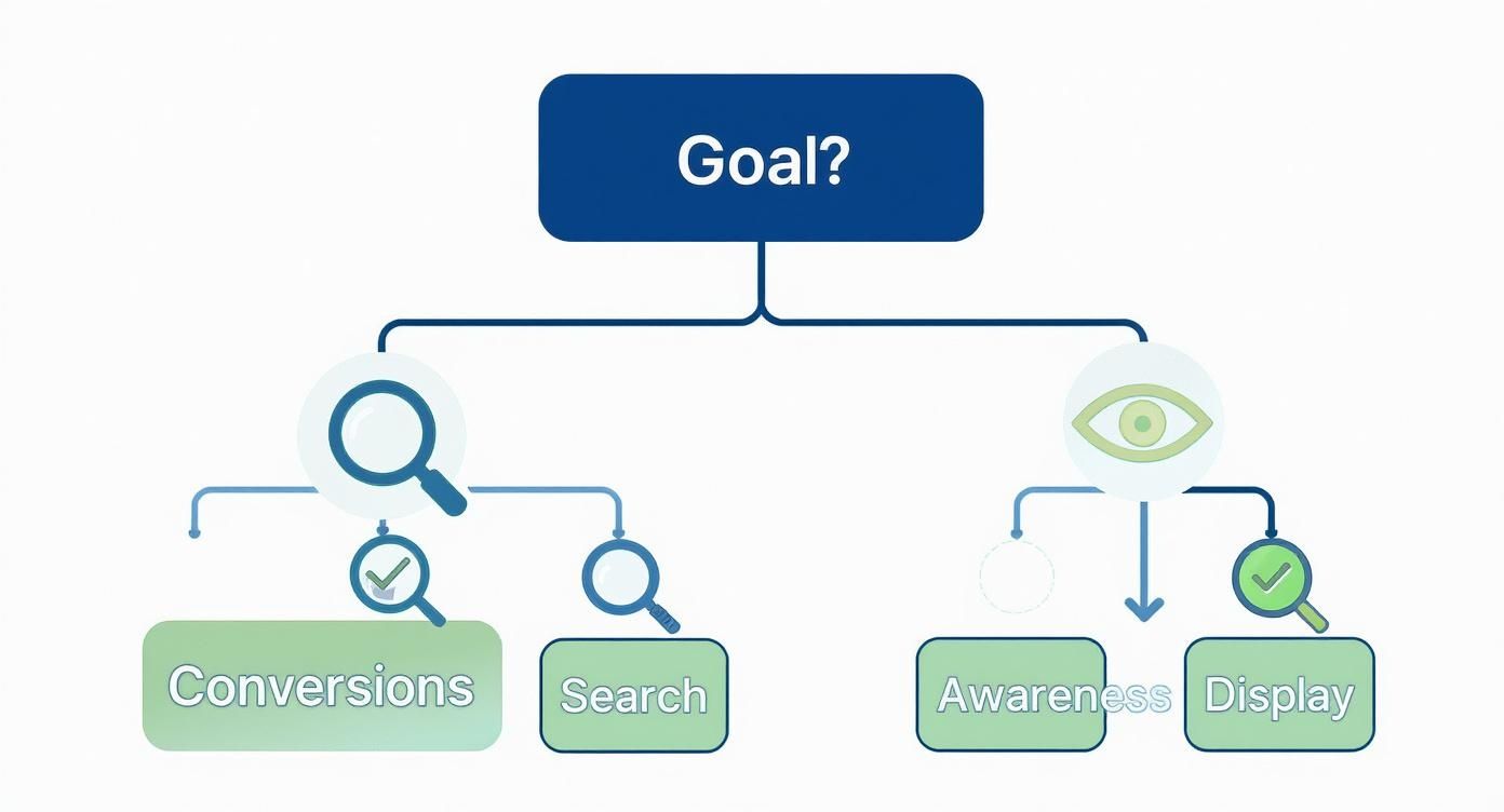 Flowchart showing search and display advertising campaign types branching from goal with conversion and awareness objectives