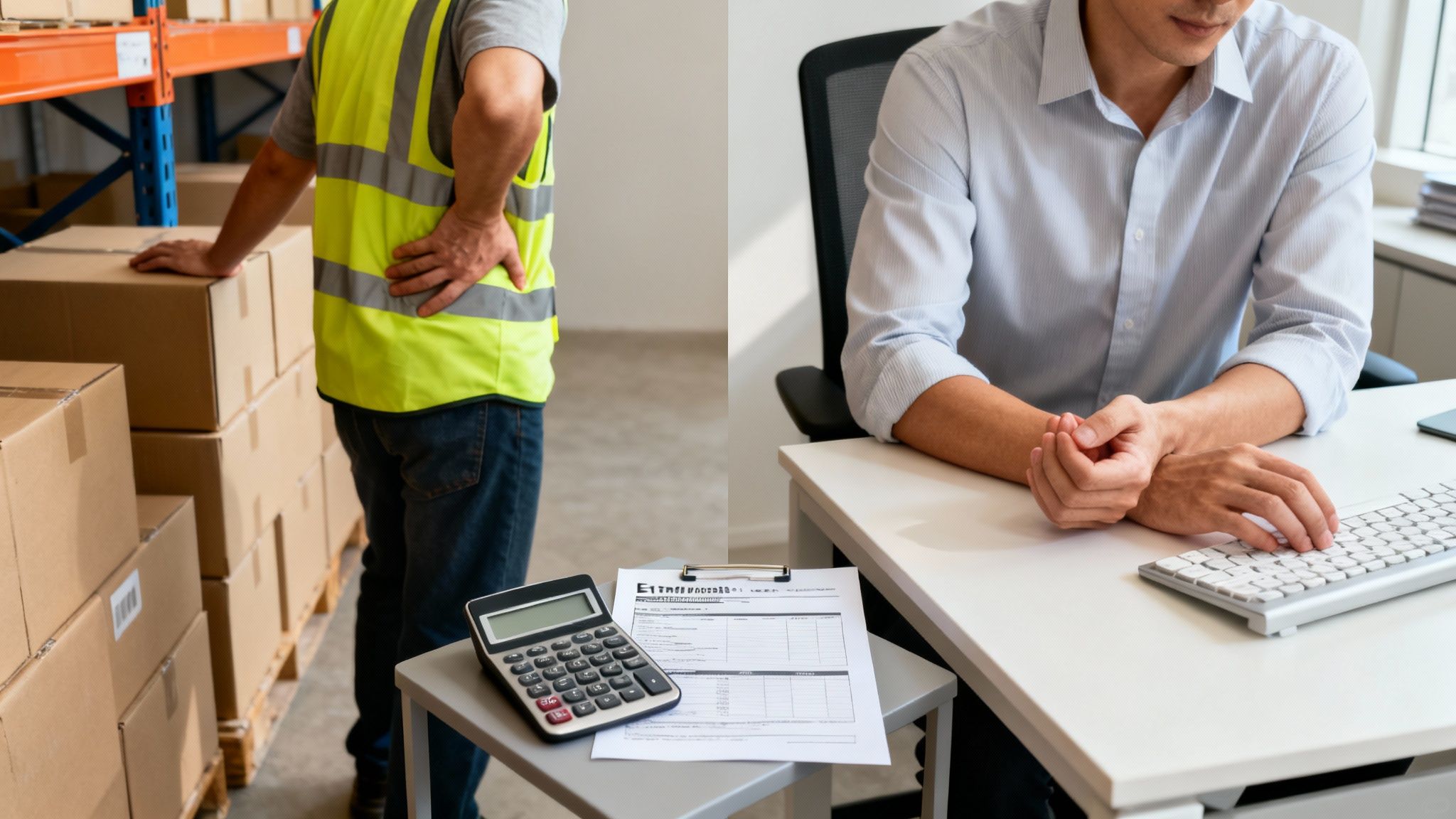 A warehouse worker with back pain and an office worker calculating workers' compensation claim.