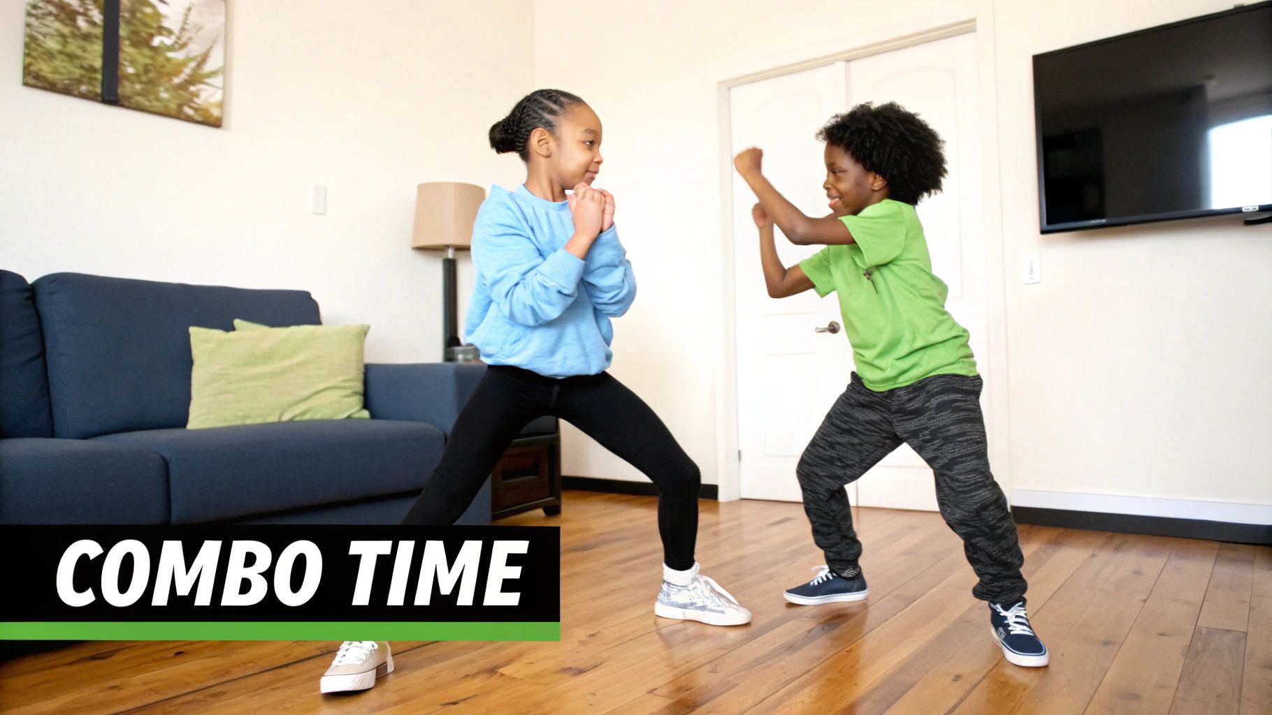 Two children in athletic poses, like martial arts or dance, ready for action indoors.