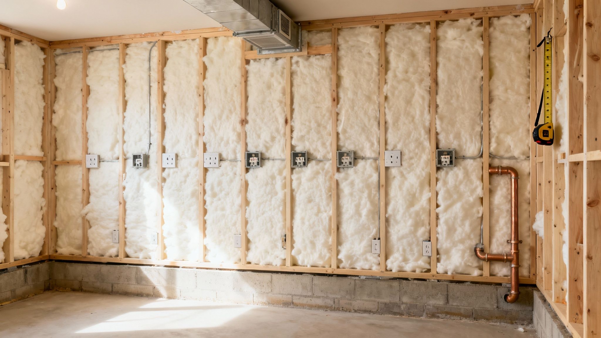 Exposed wall studs with spray foam insulation and electrical outlets during basement renovation