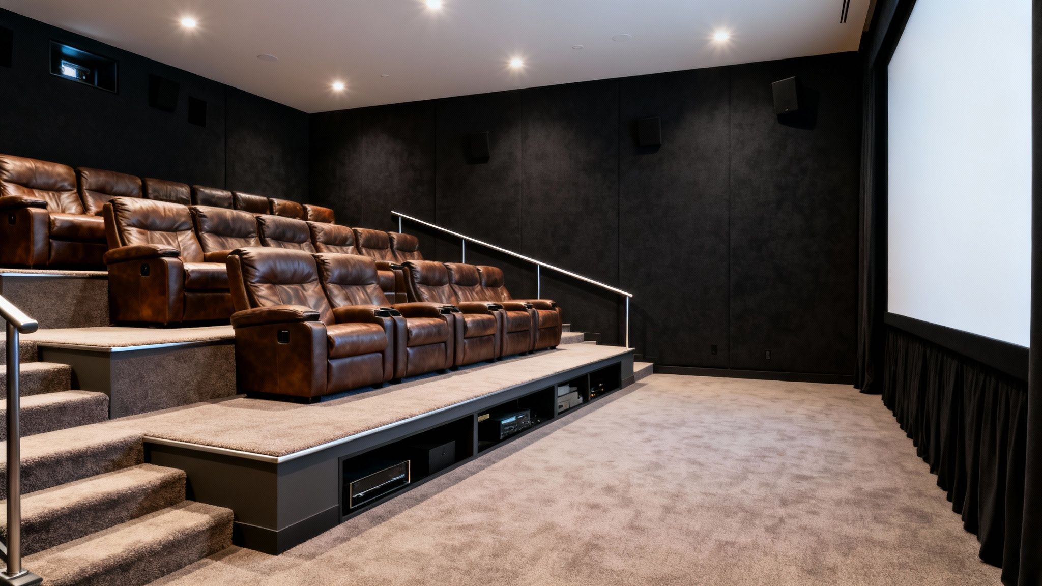 A luxurious home theater room with brown leather recliners, a large screen, and dark walls.