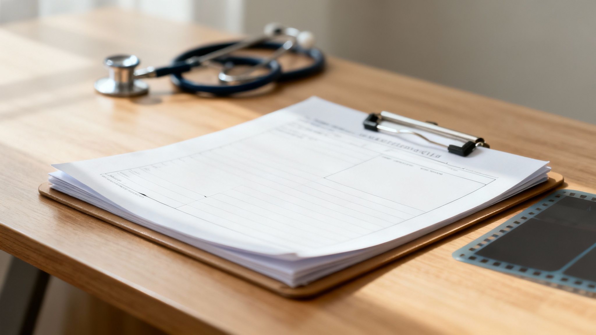 Medical documents on a clipboard, stethoscope, and X-ray film on a wooden desk.