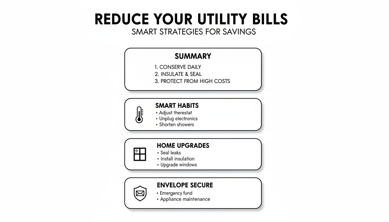 Infographic outlining smart strategies to reduce utility bills through daily conservation, home upgrades, and financial security.