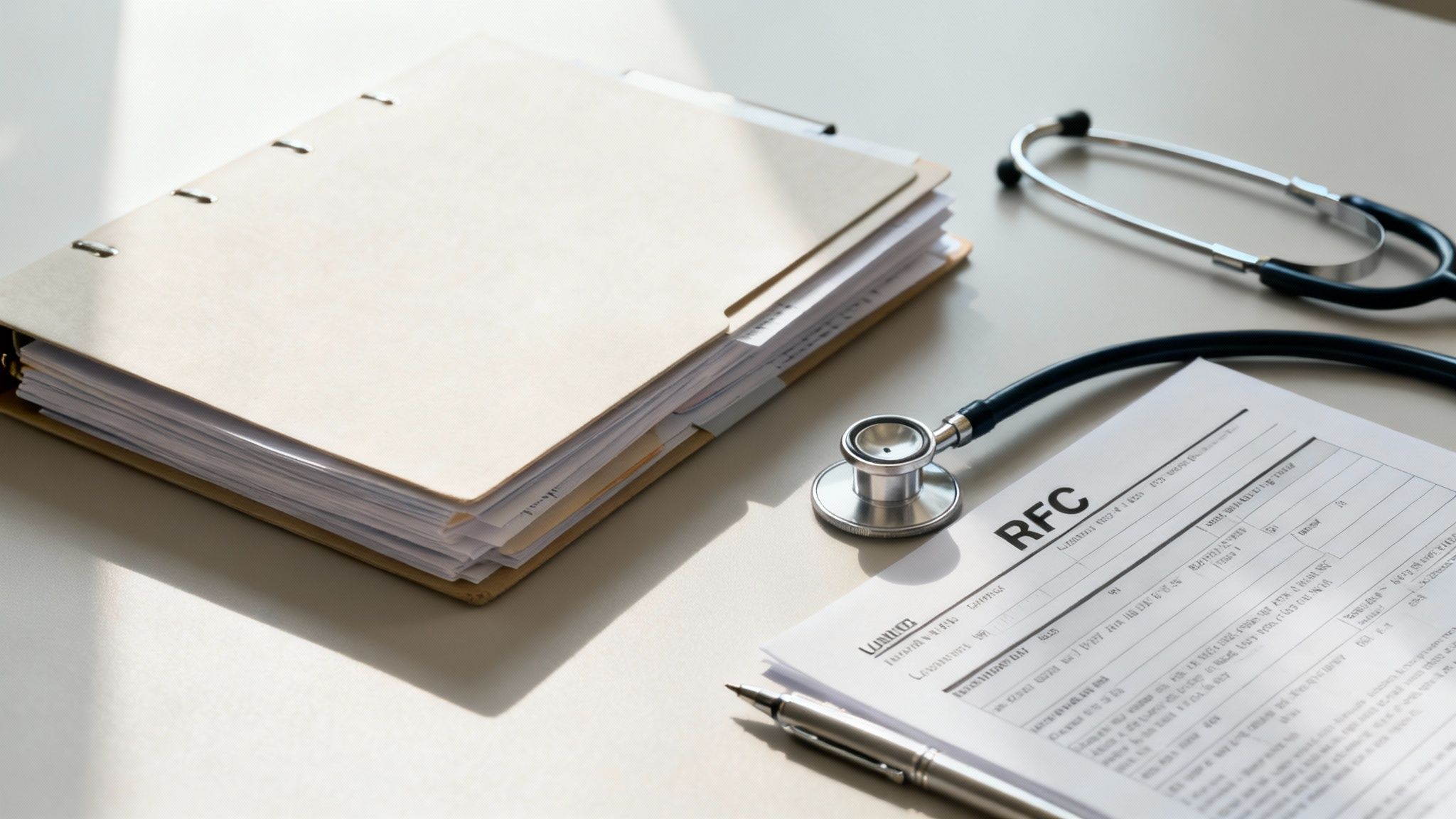 Medical records folder with stethoscope and RFC form on white desk for disability claim