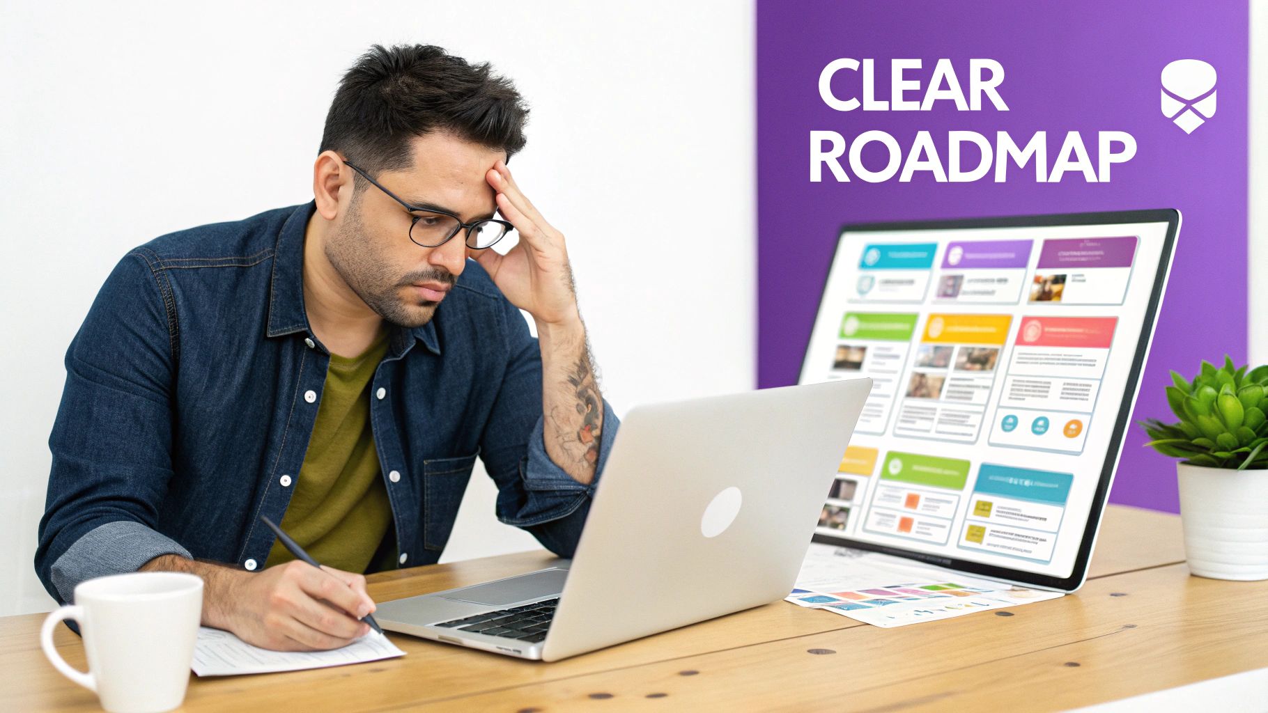 Man in glasses working on a laptop and taking notes, with a clear digital roadmap on a screen.