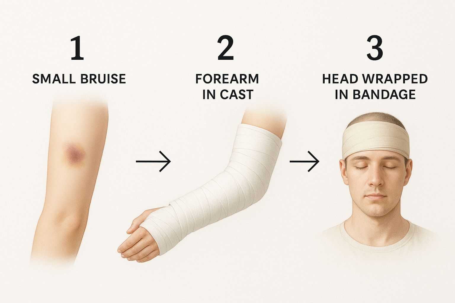 Infographic showing a bruised arm, a casted arm, and a bandaged head to represent different stages of bodily injury.
