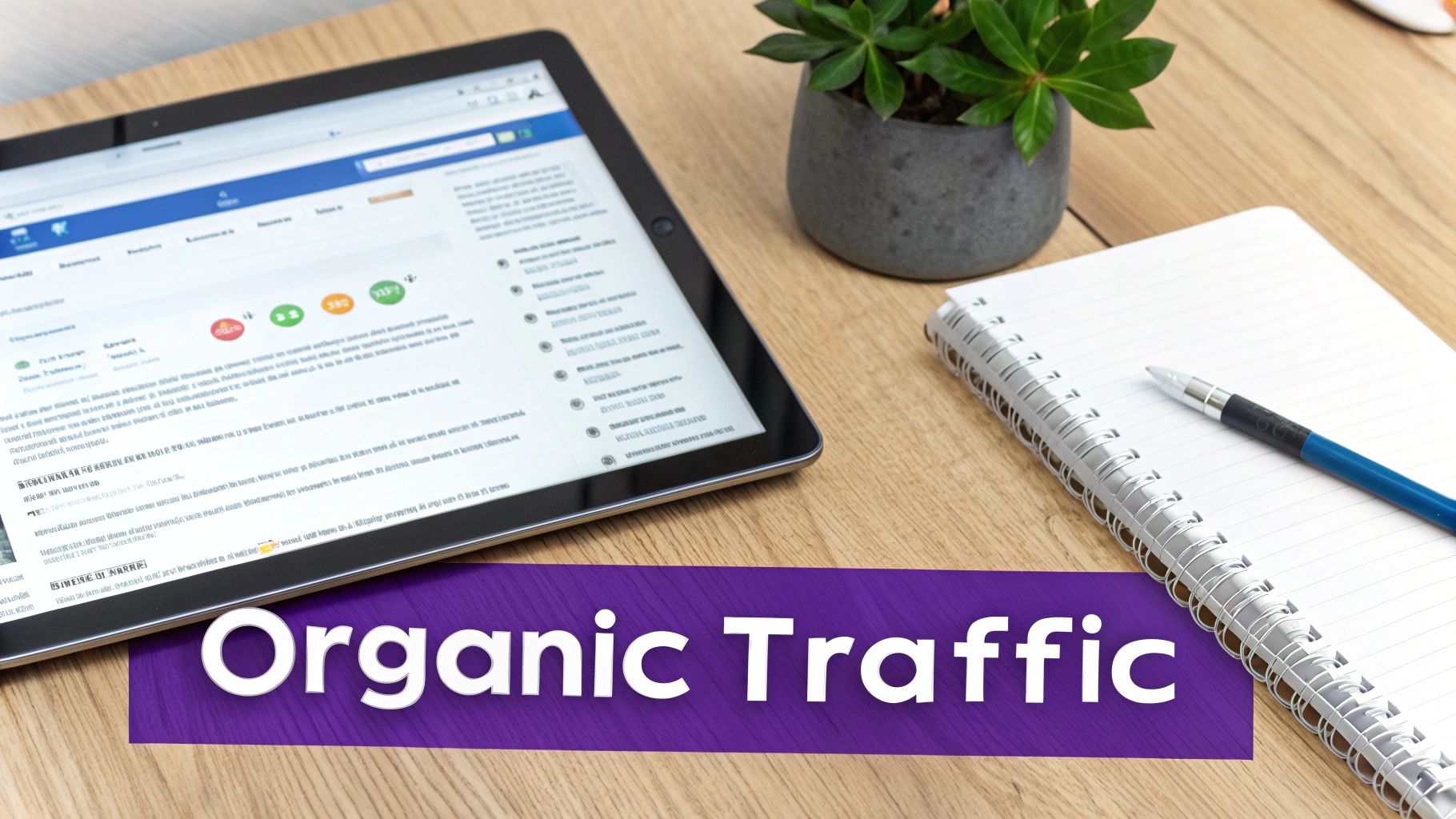A tablet displaying organic traffic analytics, a plant, notebook, and pen on a wooden desk with 'Organic Traffic' text.